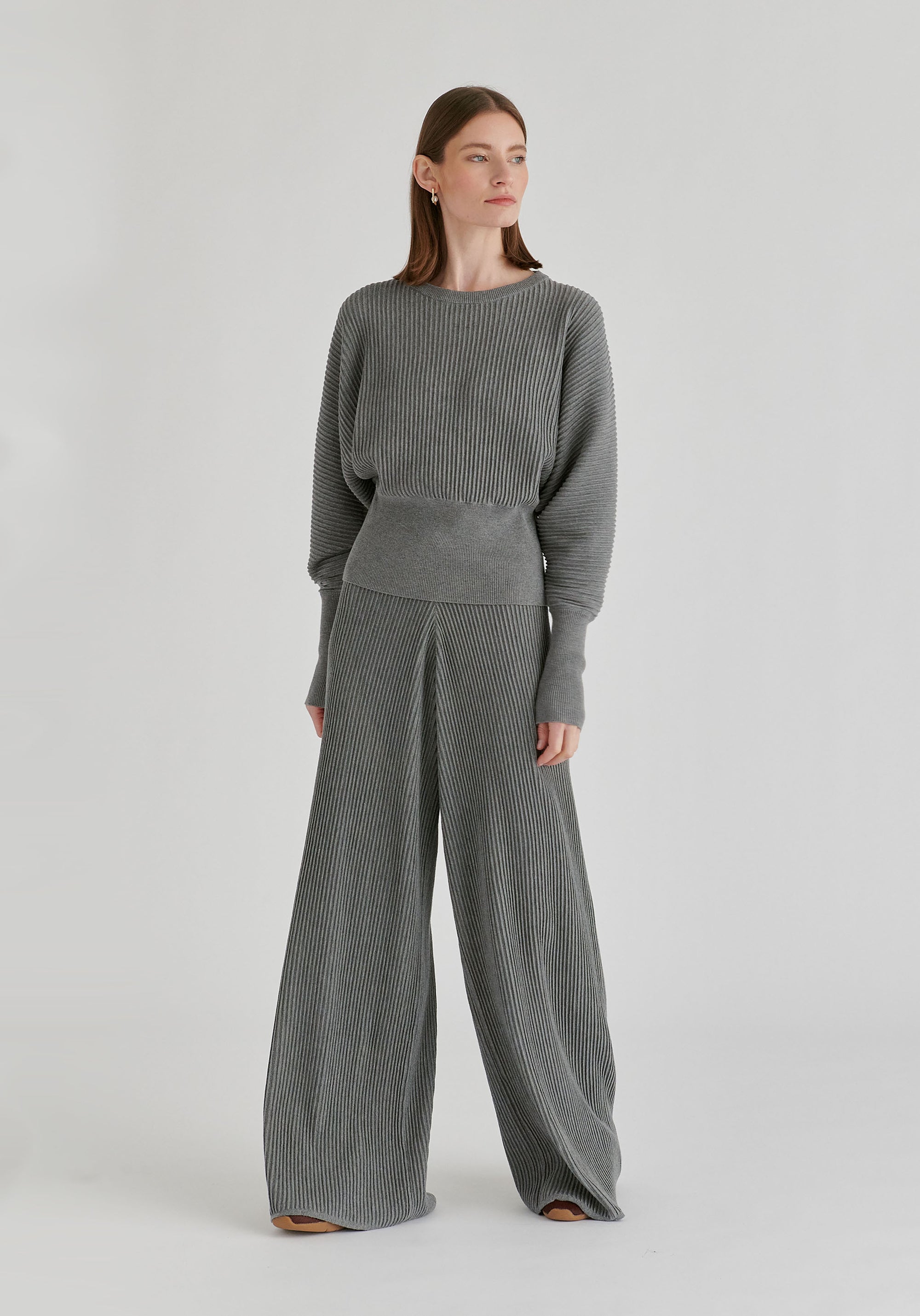 Ribbed Batwing Sleeve Knit Top with Fitted Waist
