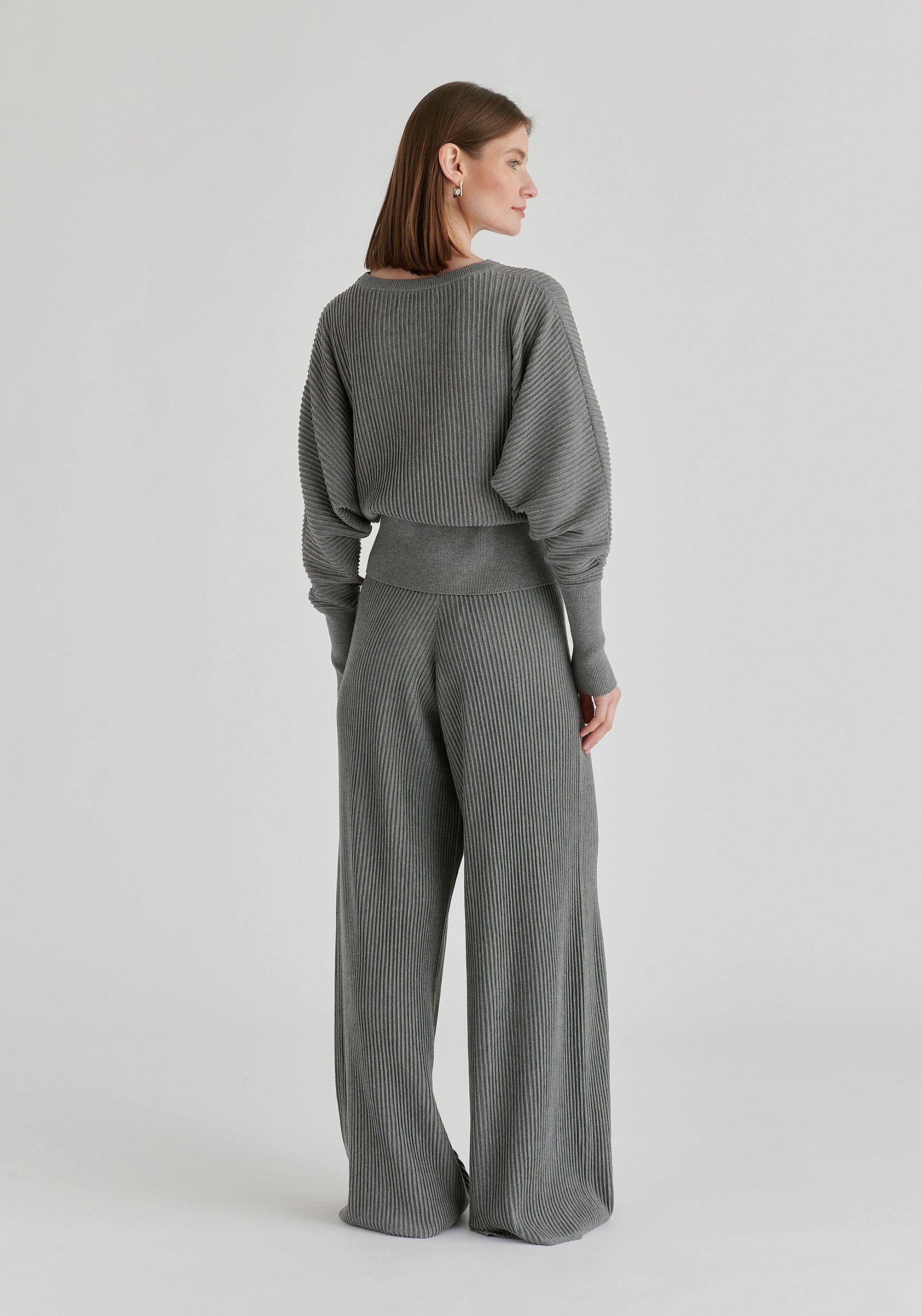 Ribbed Batwing Sleeve Knit Top with Fitted Waist