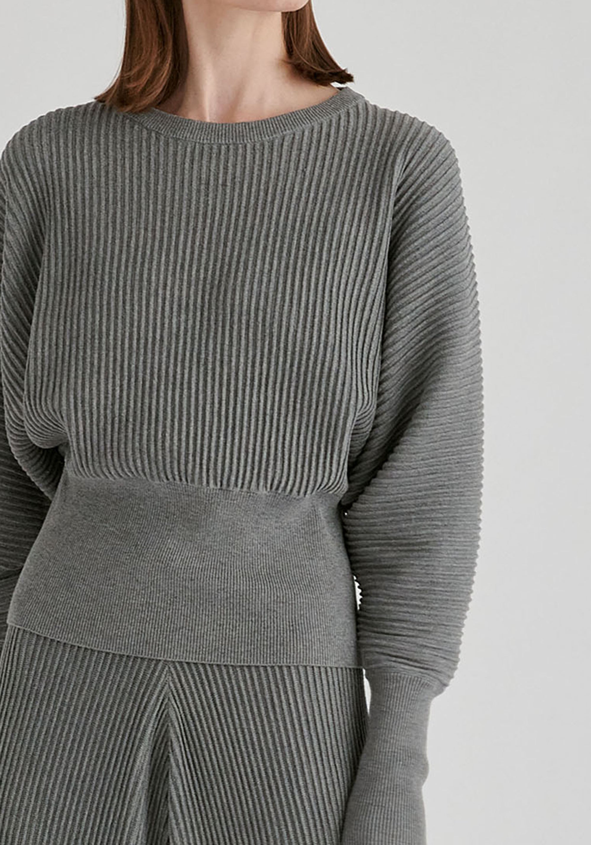 Ribbed Batwing Sleeve Knit Top with Fitted Waist