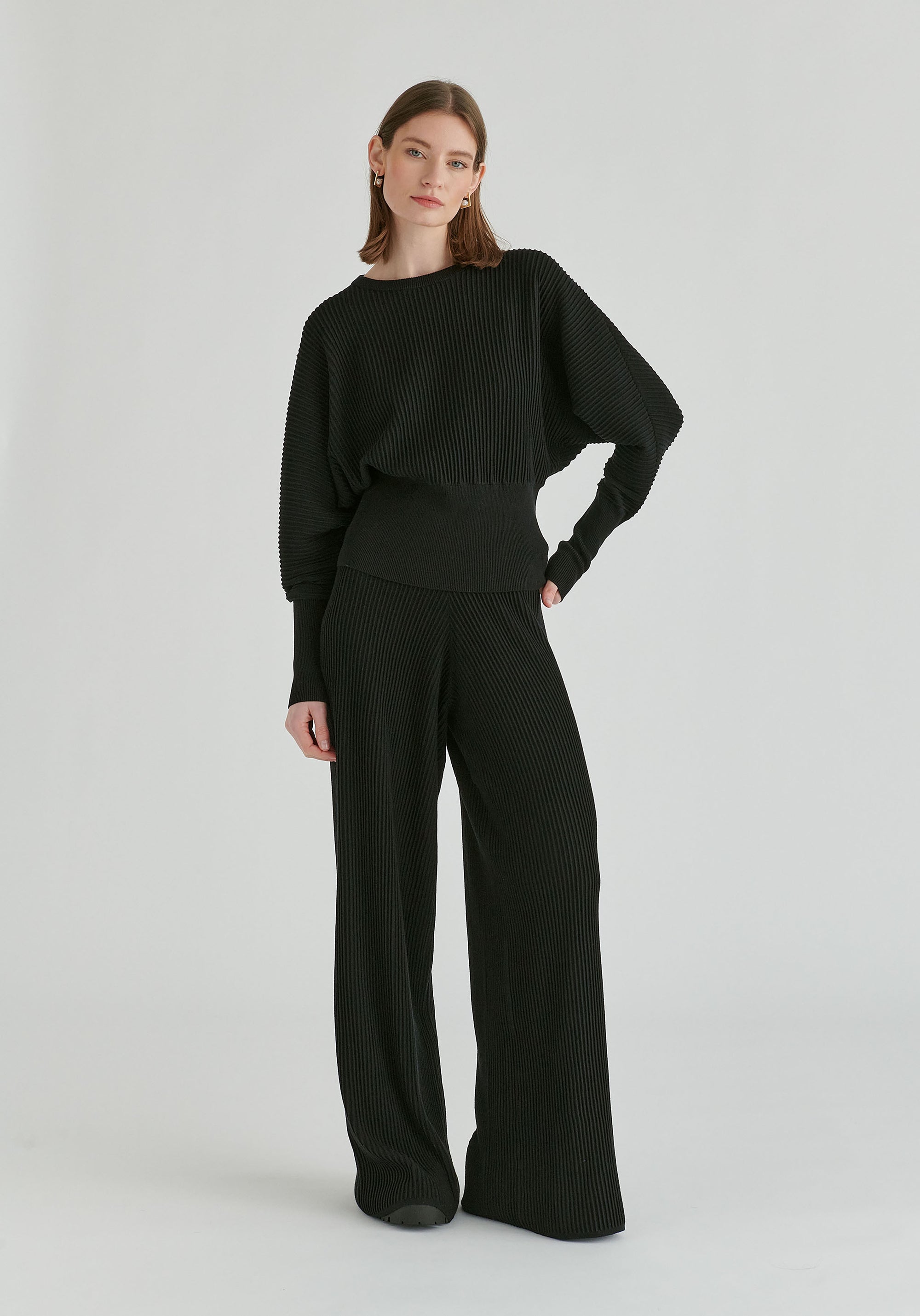 Ribbed Trousers with Wide Waistband