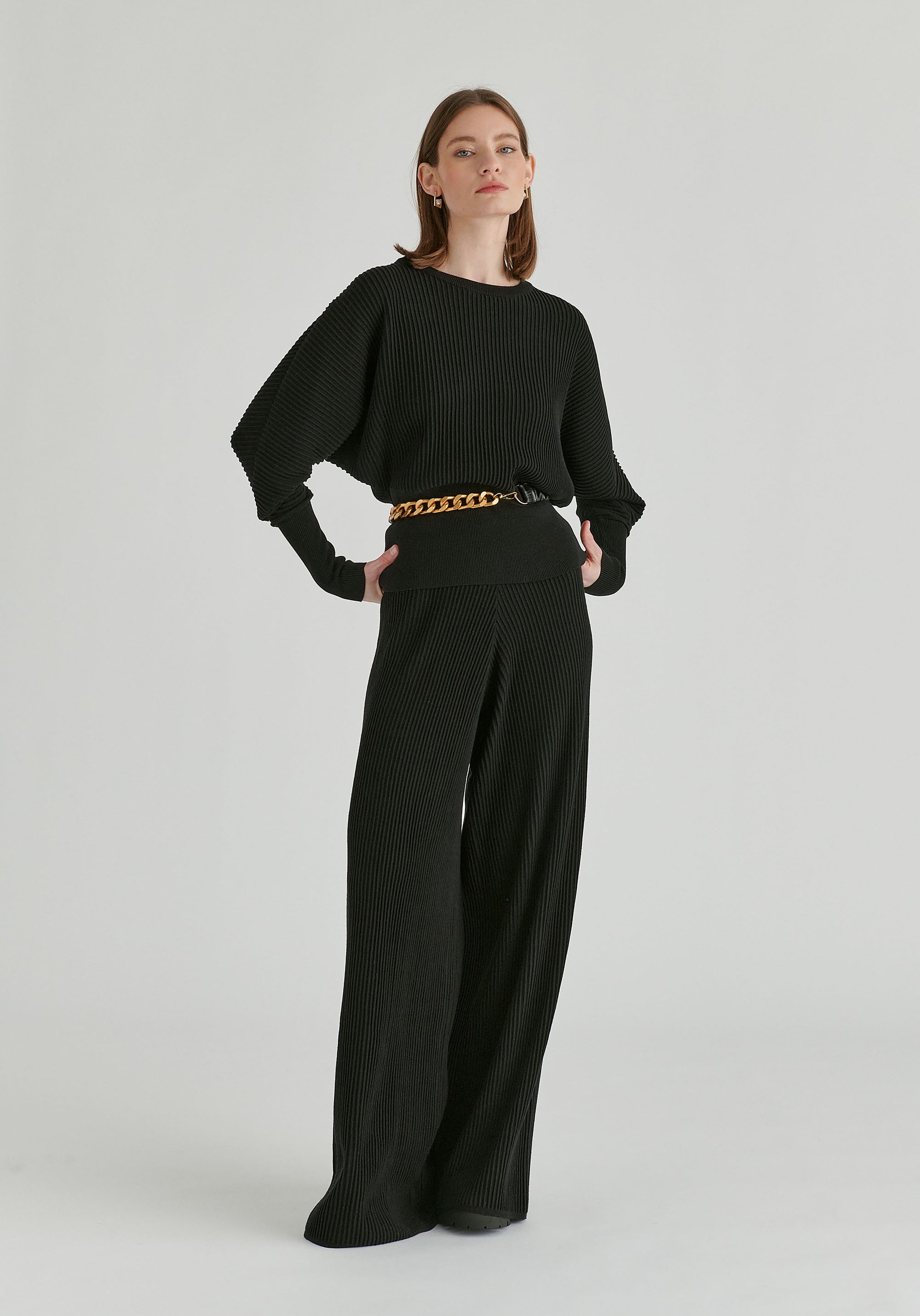 Ribbed Trousers with Wide Waistband