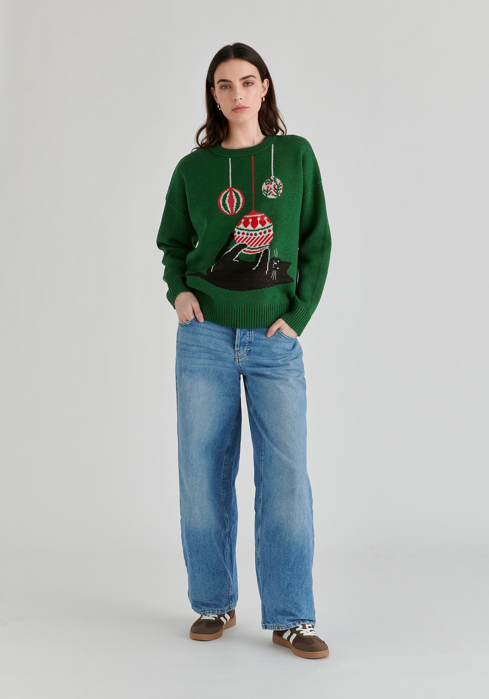 Christmas Jumper with Cat and Baubles in Green Front