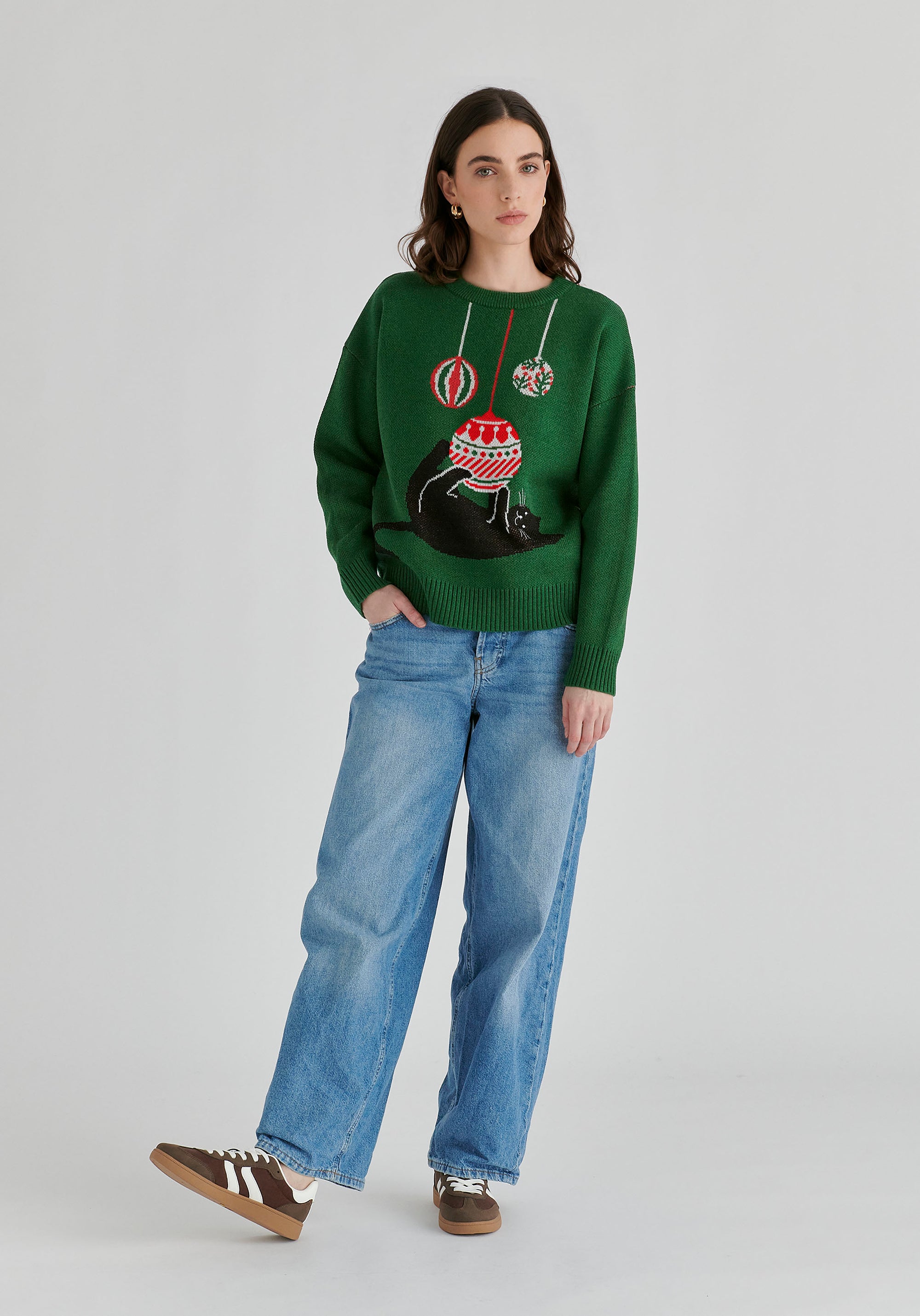Christmas Jumper with Cat and Baubles in Green Front
