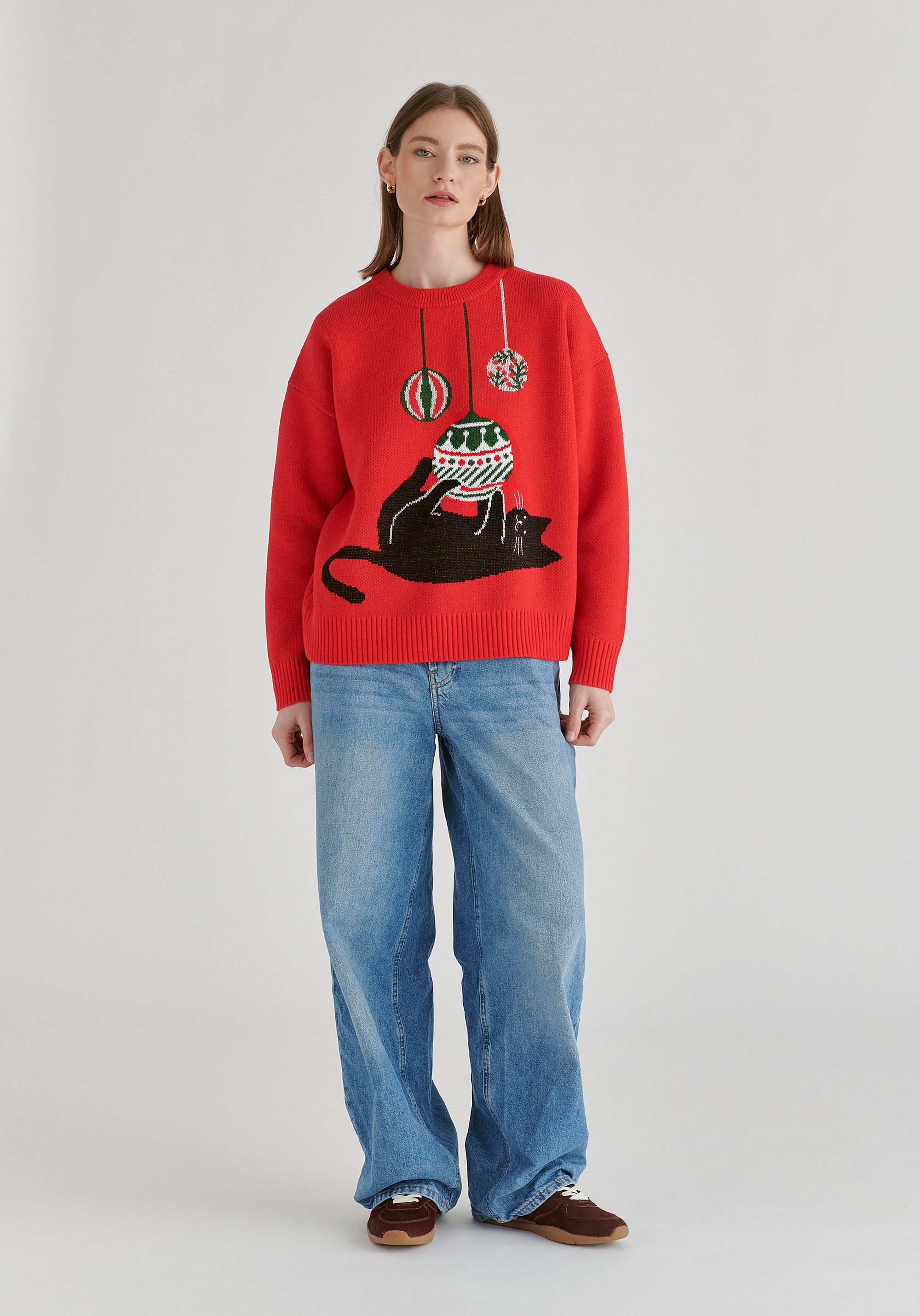 Christmas Jumper with Cat and Baubles in Red Front
