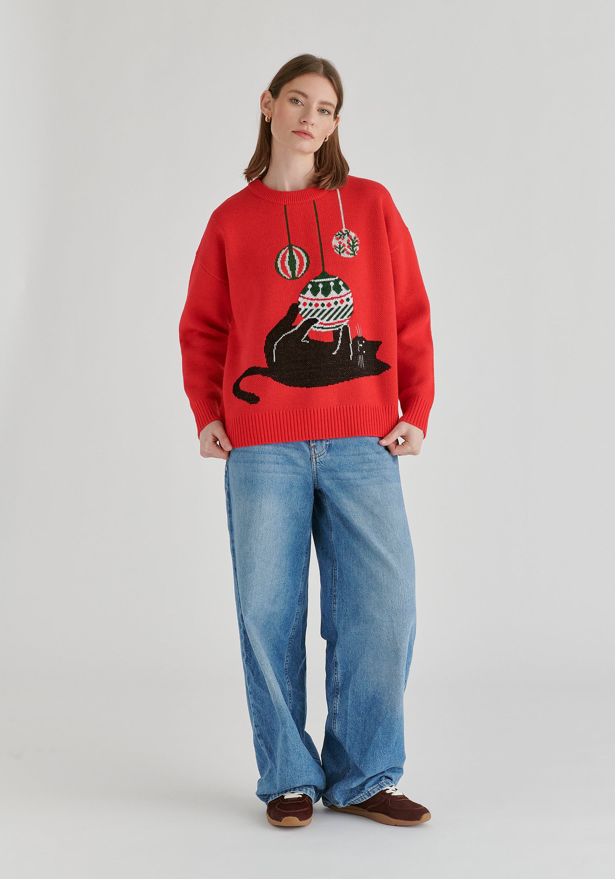 Christmas Jumper with Cat and Baubles in Red Front