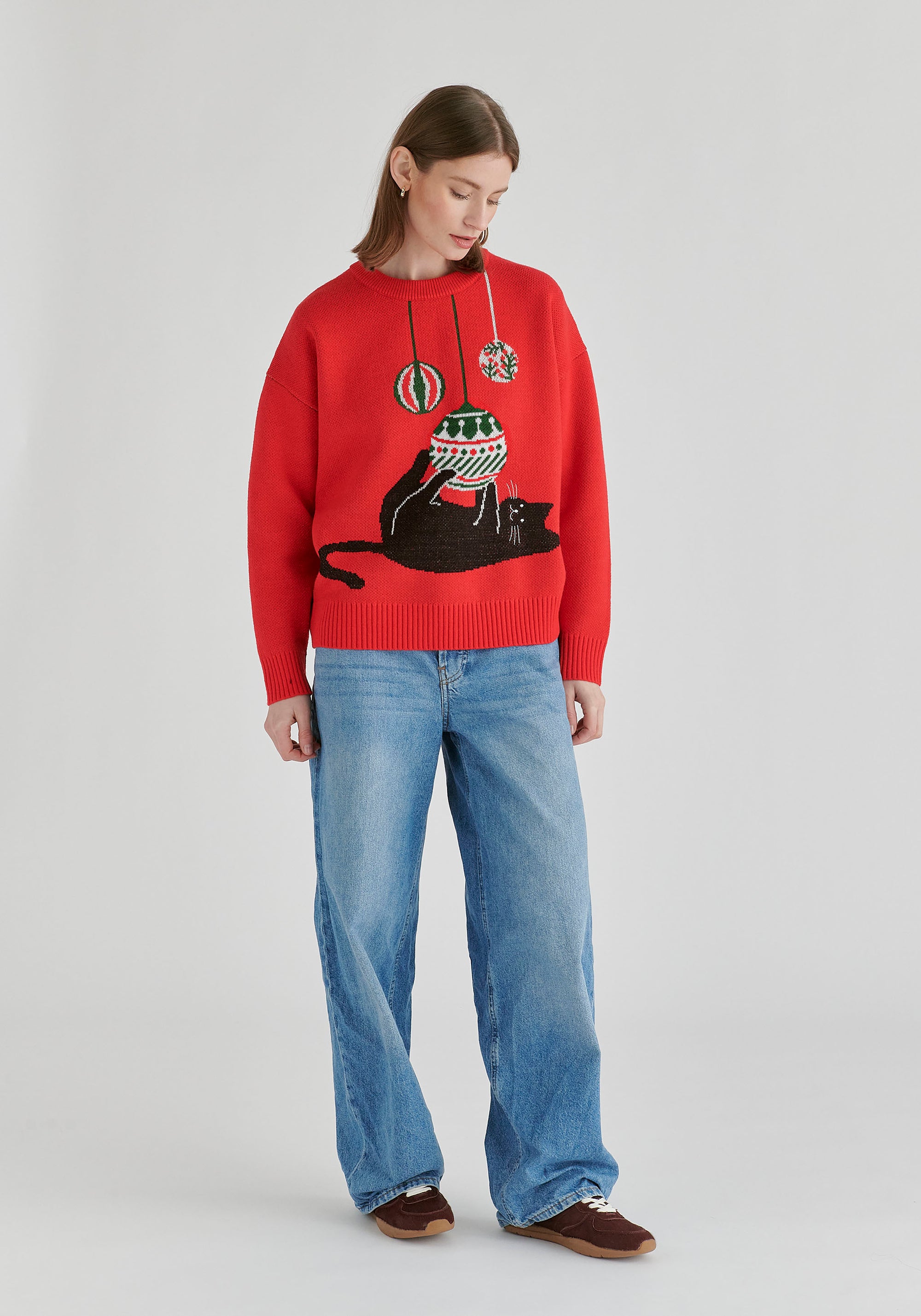 Christmas Jumper with Cat and Baubles in Red Side