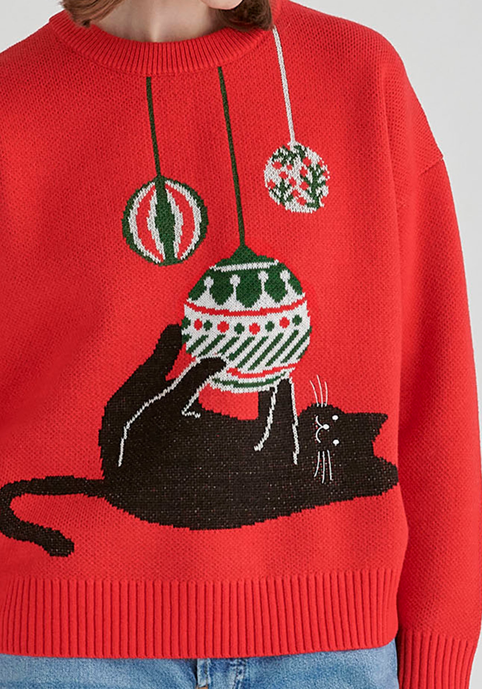 Christmas Jumper with Cat and Baubles in Red Closeup