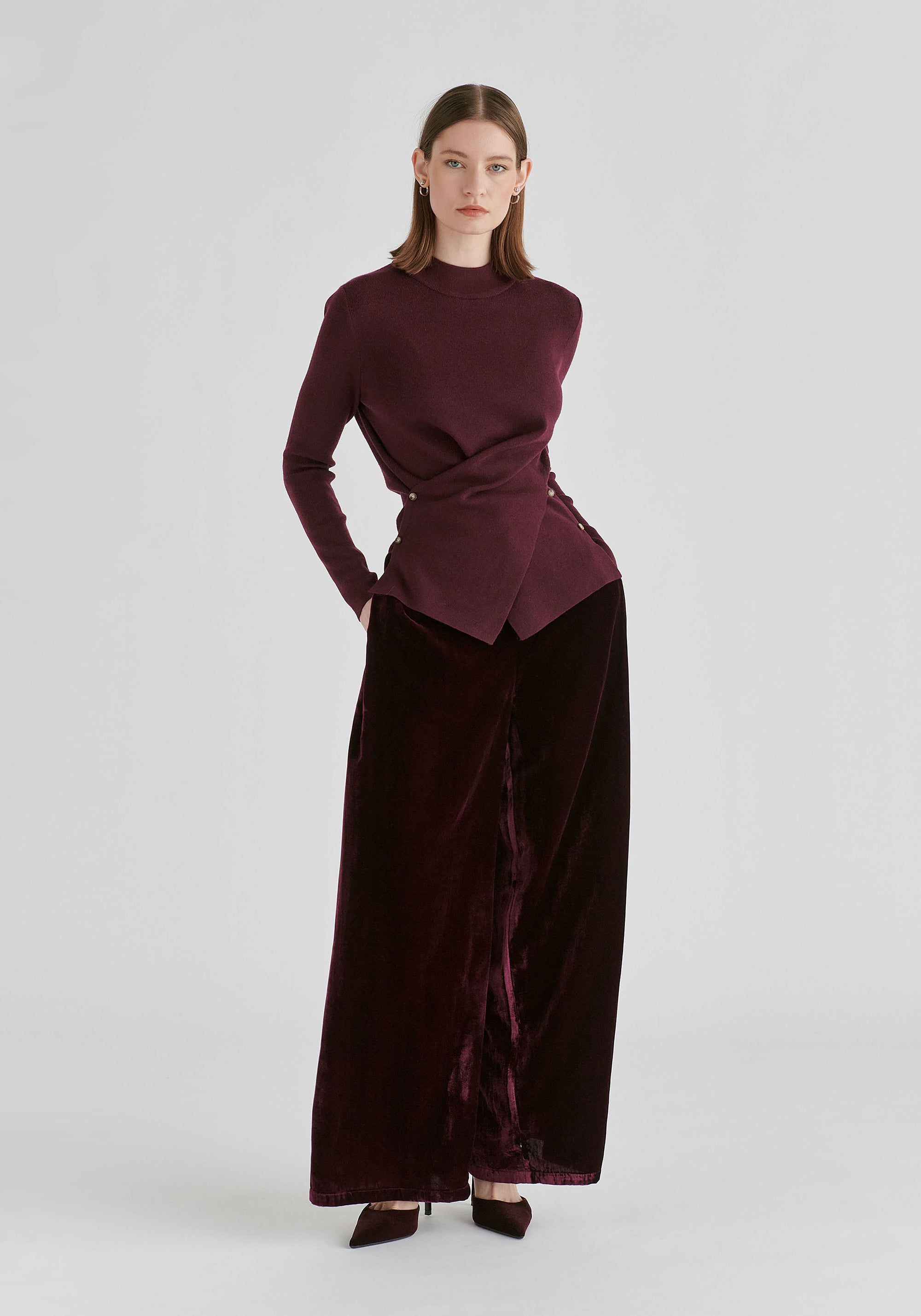 Wrap Front Knit Top with Mock Neck and Button Detail