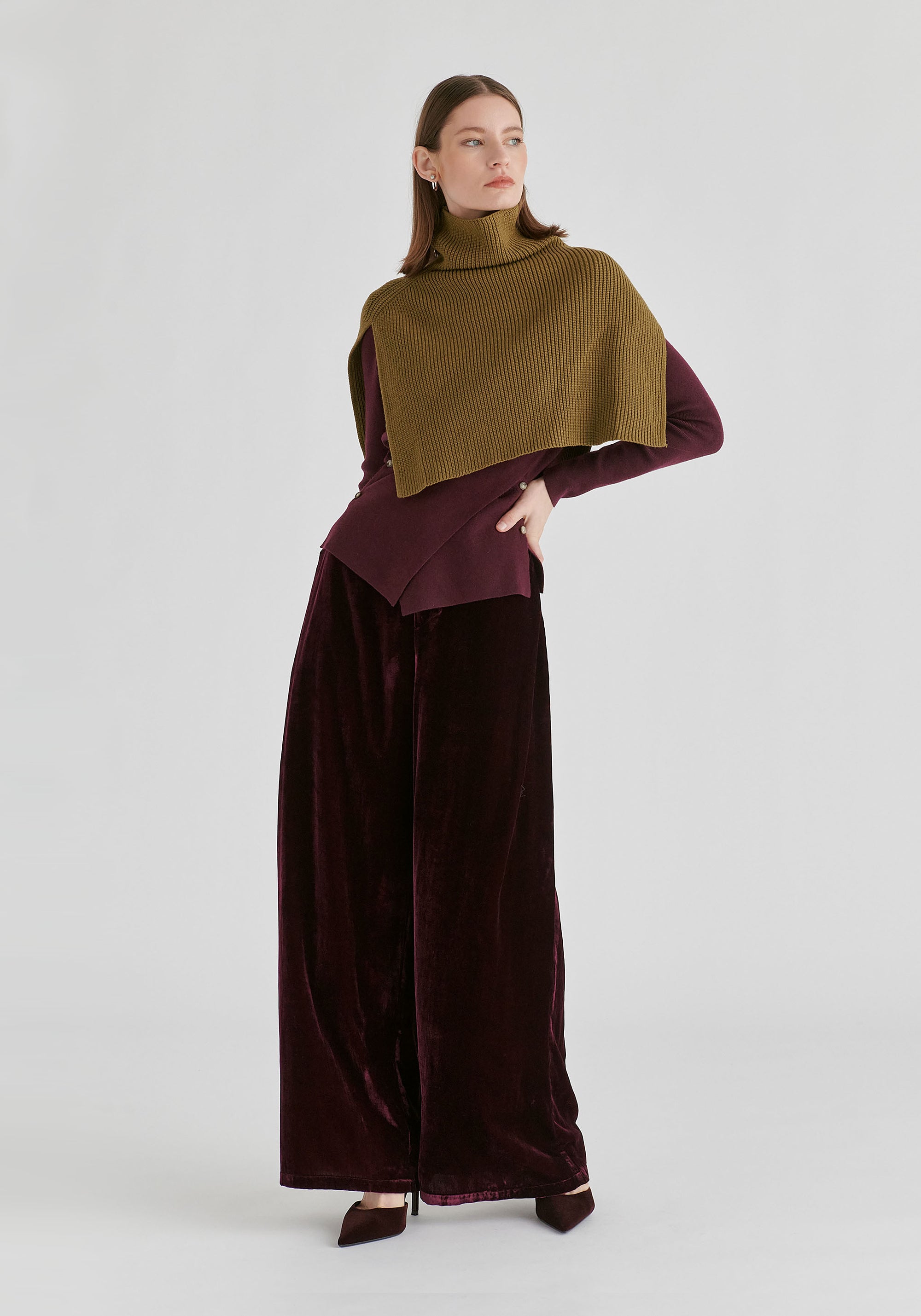 Wrap Front Knit Top with Mock Neck and Button Detail