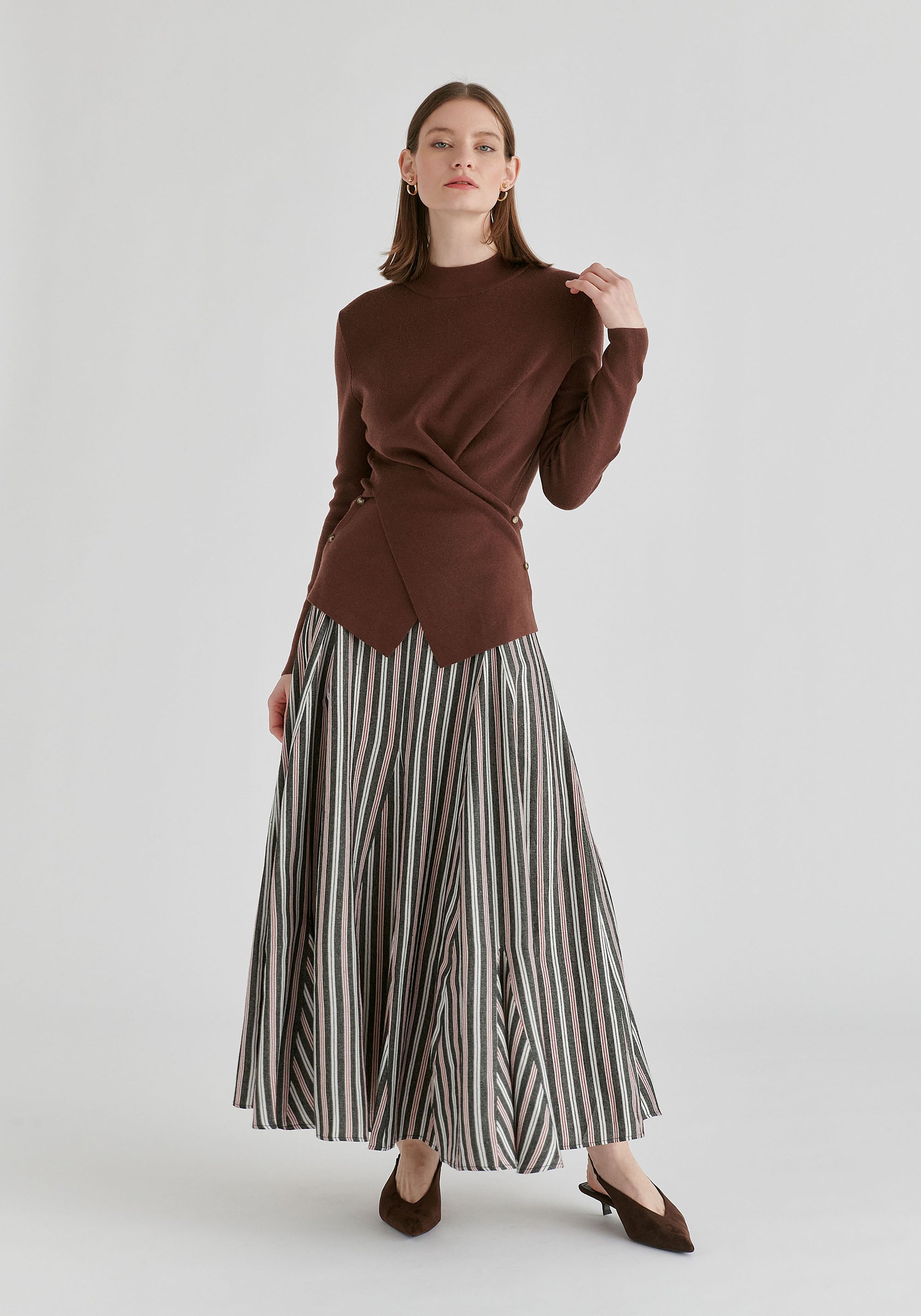 Wrap Front Knit Top with Mock Neck and Button Detail