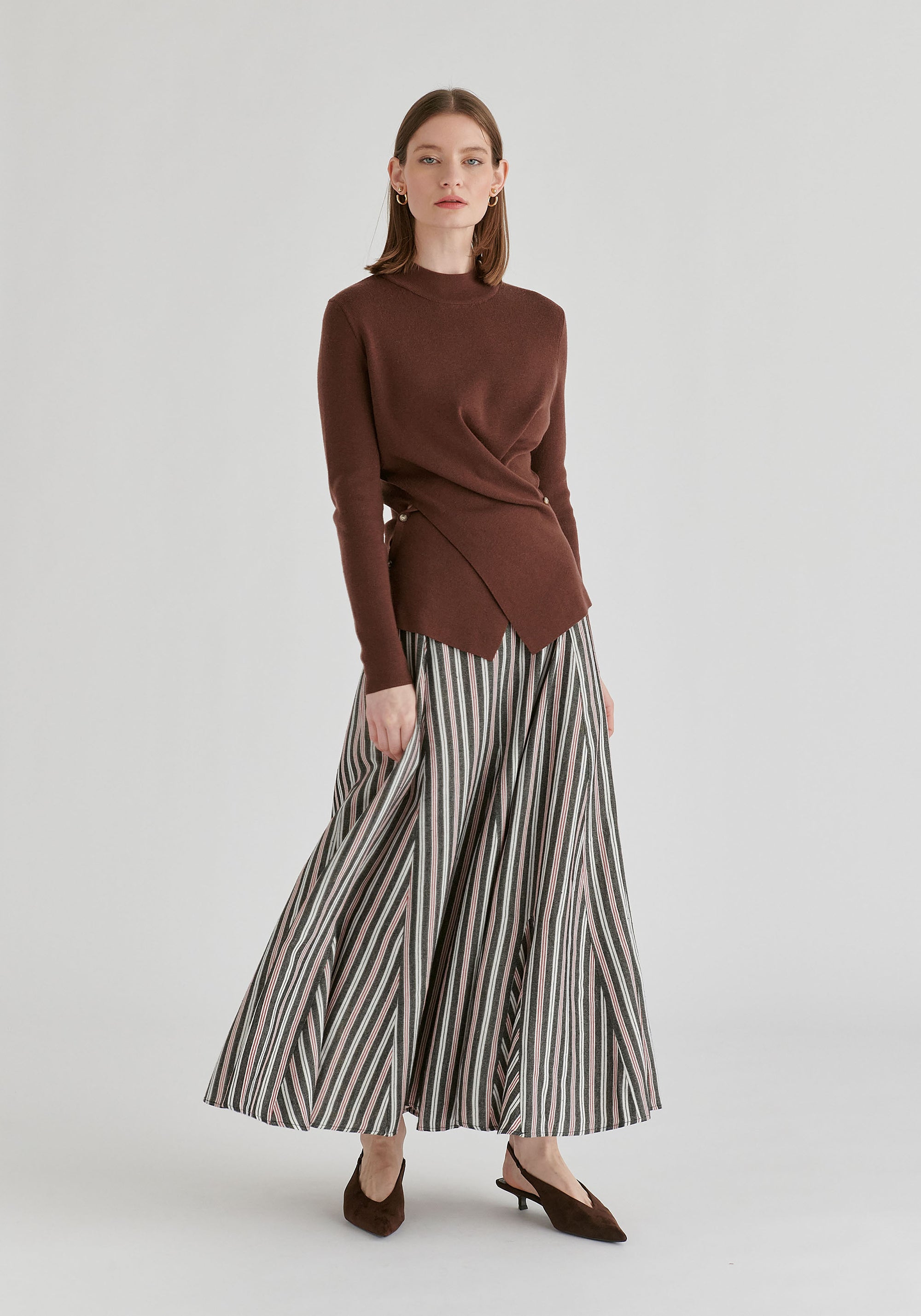 Wrap Front Knit Top with Mock Neck and Button Detail