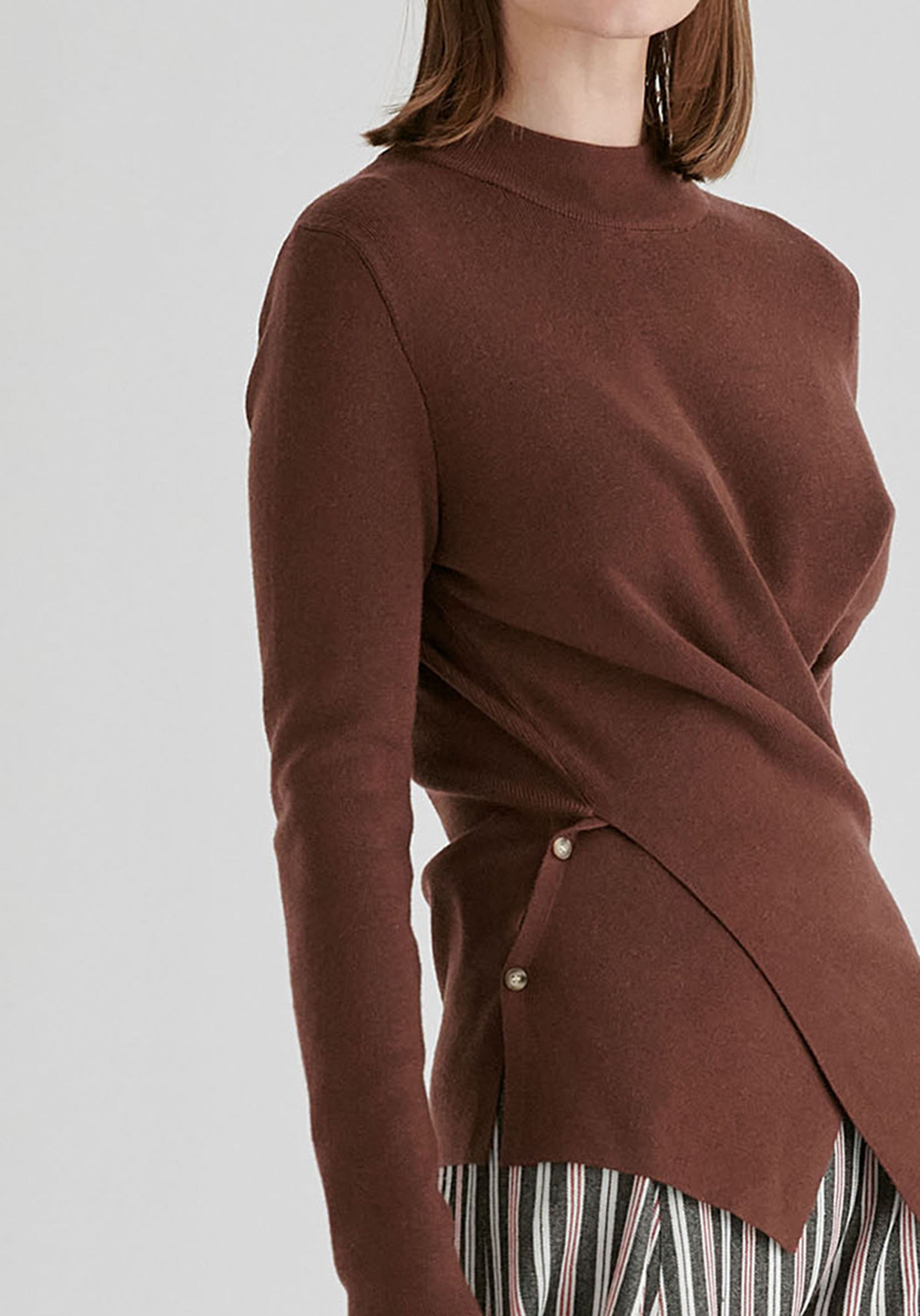 Wrap Front Knit Top with Mock Neck and Button Detail