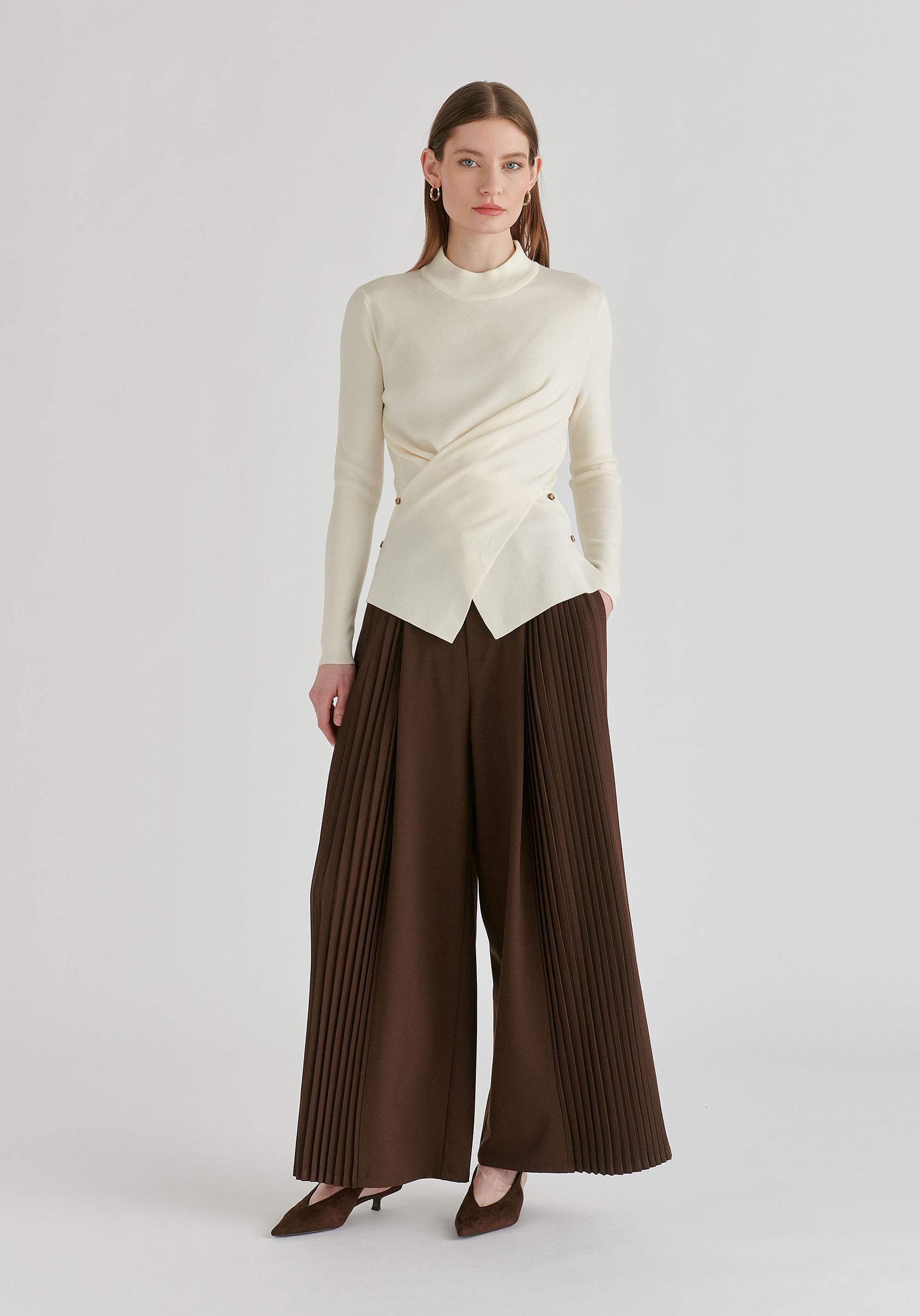 Wrap Front Knit Top with Mock Neck and Button Detail