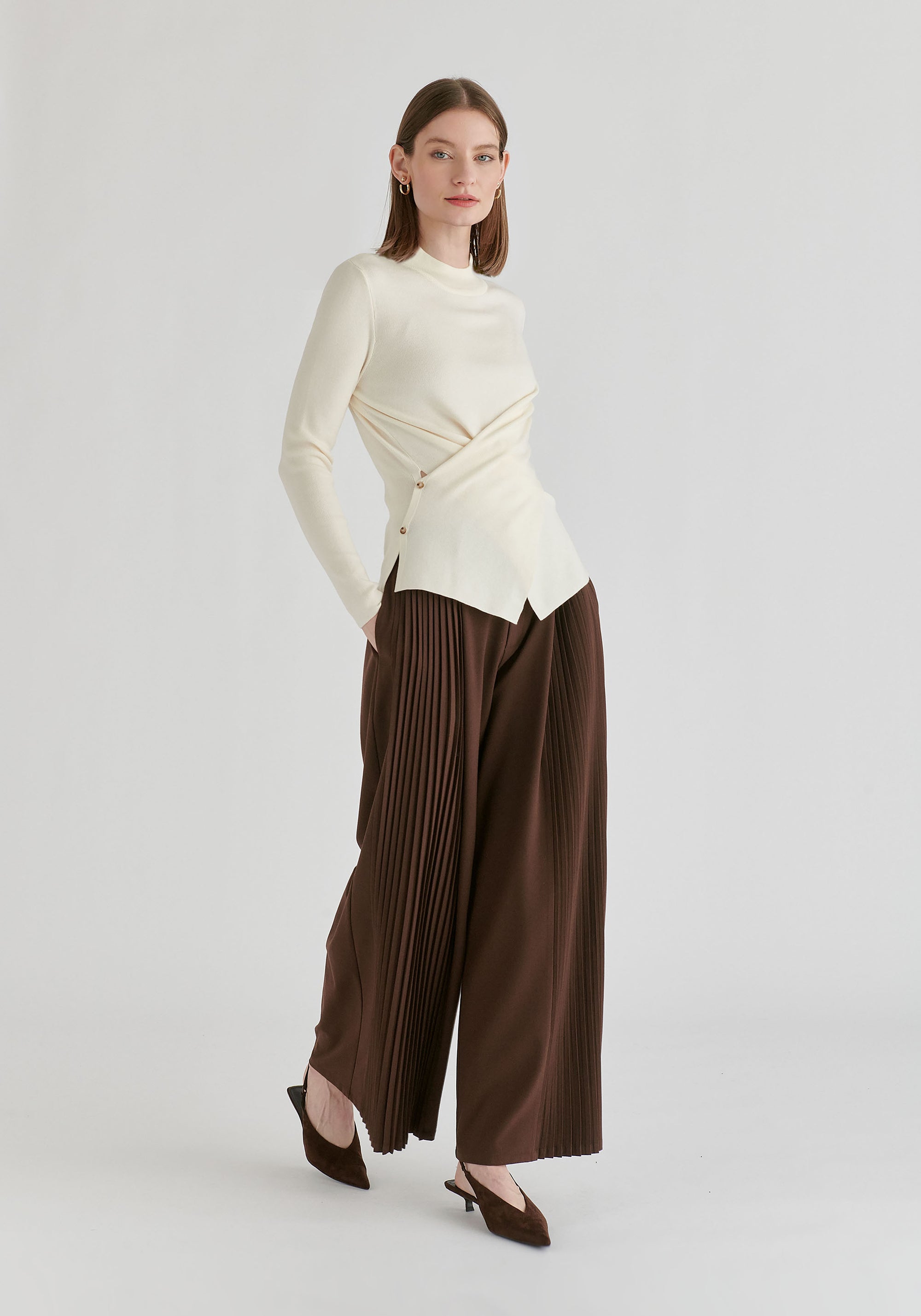 Wrap Front Knit Top with Mock Neck and Button Detail