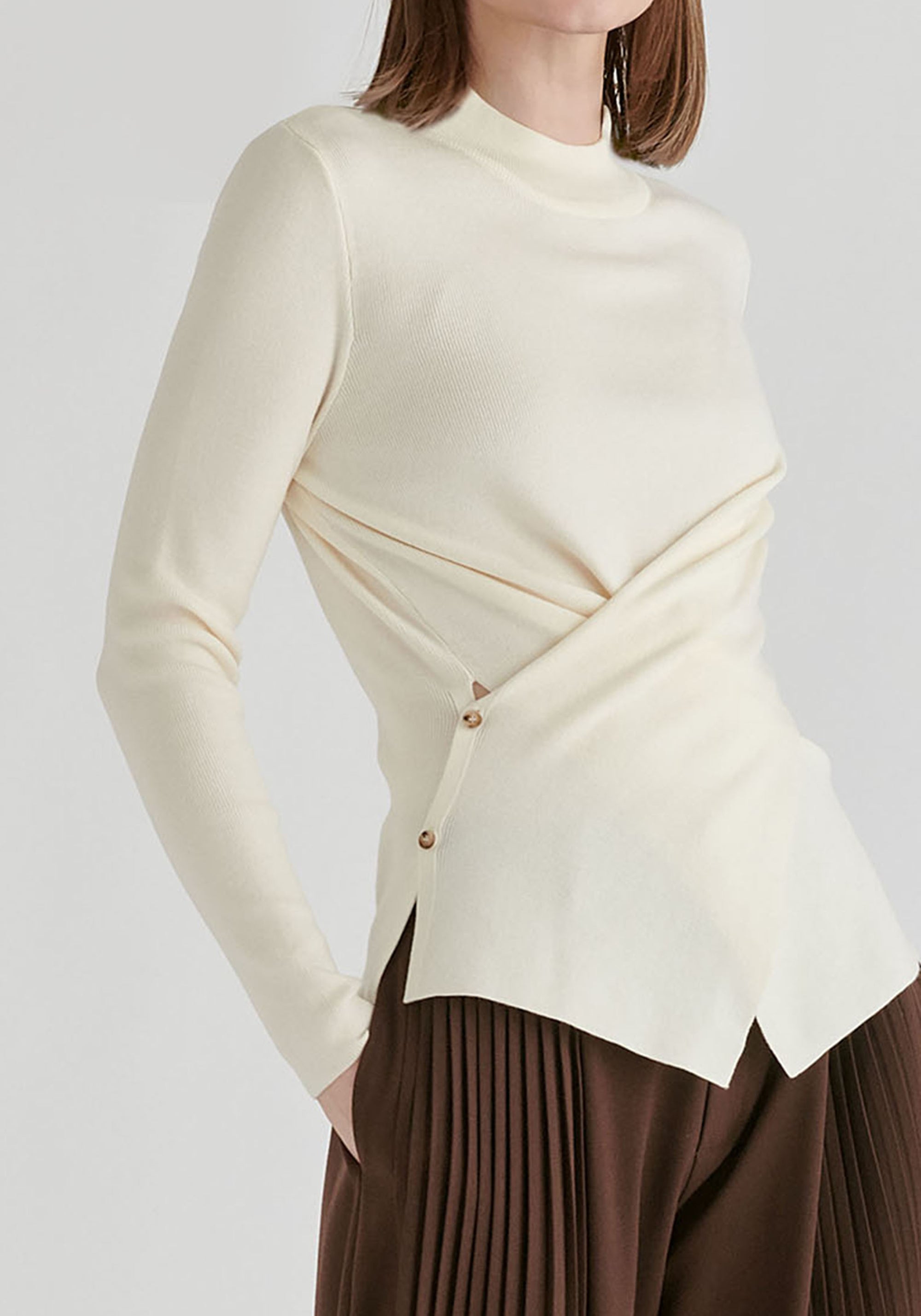 Wrap Front Knit Top with Mock Neck and Button Detail