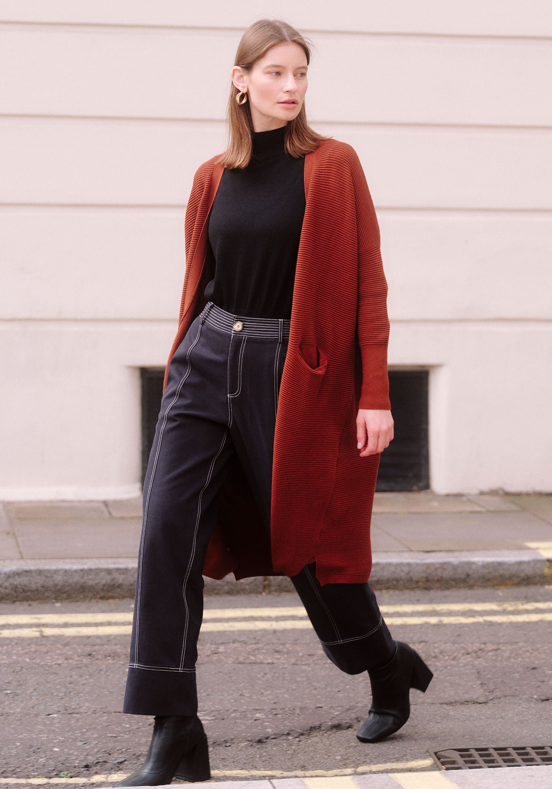 Paisie Long Ribbed Cardigan in Brown Photoshoot