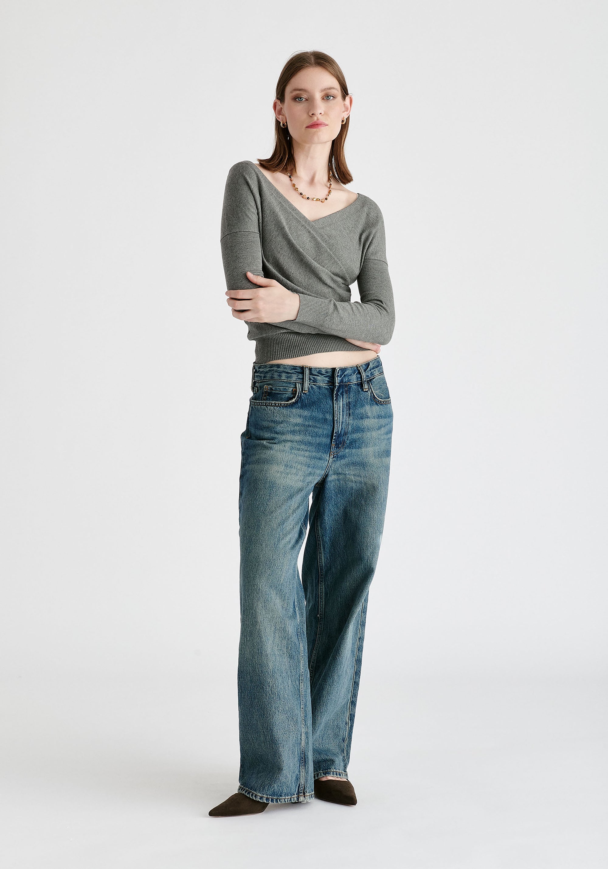 Knitted Wrap Top with Long Sleeves in Light Grey Front