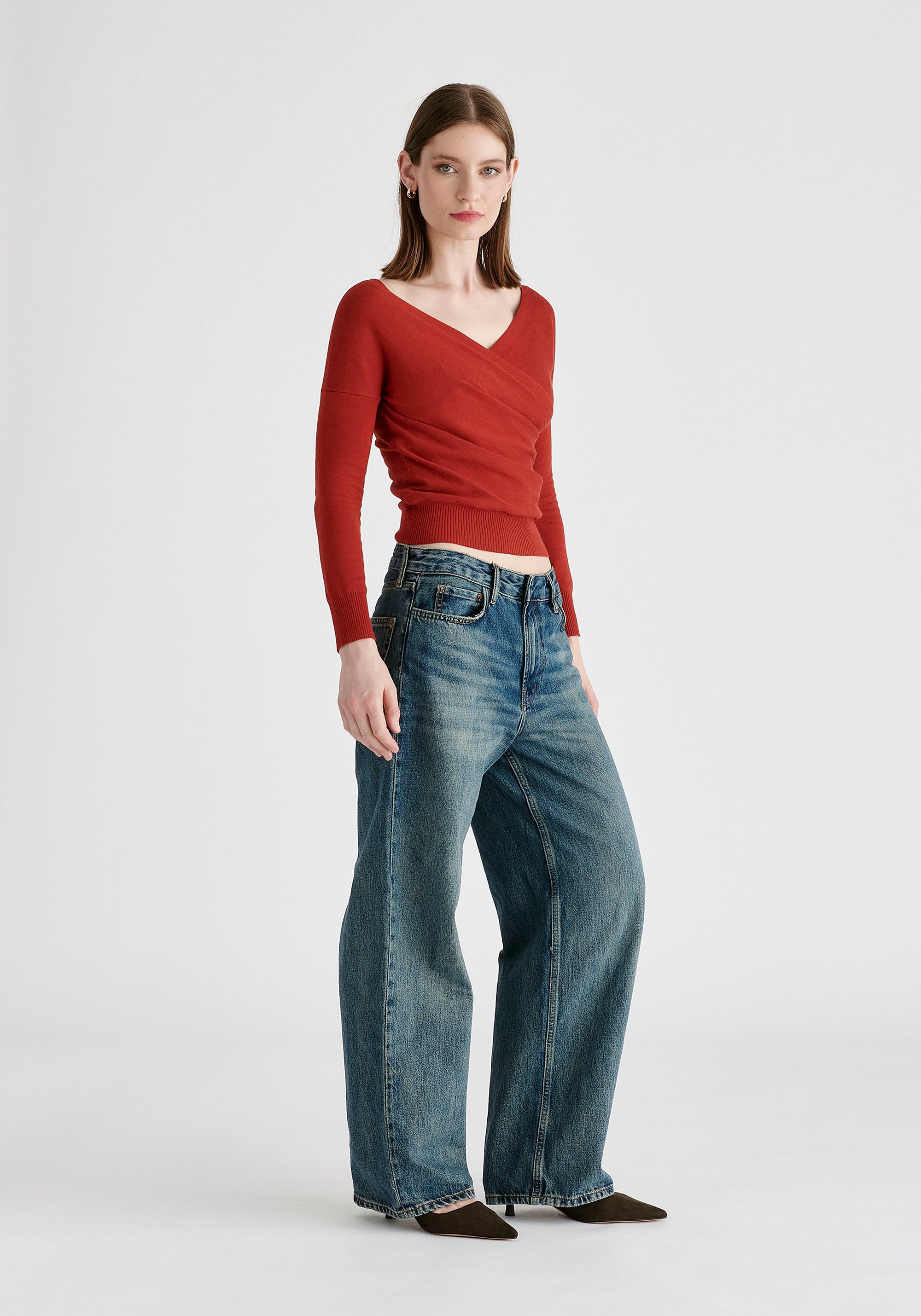 Knitted Wrap Top with Long Sleeves in Red Side
