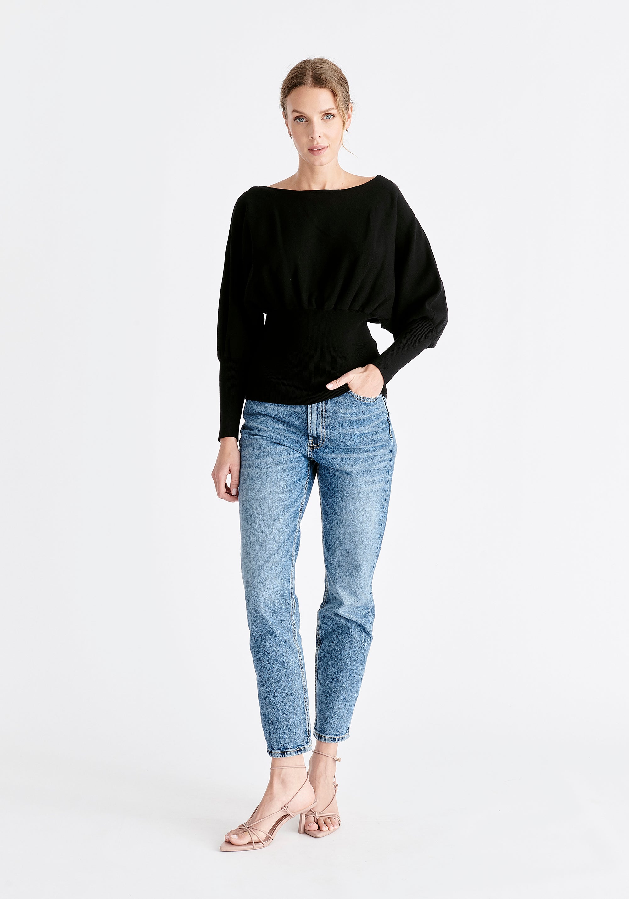 Paisie Balloon Sleeve Knitted Top in Black