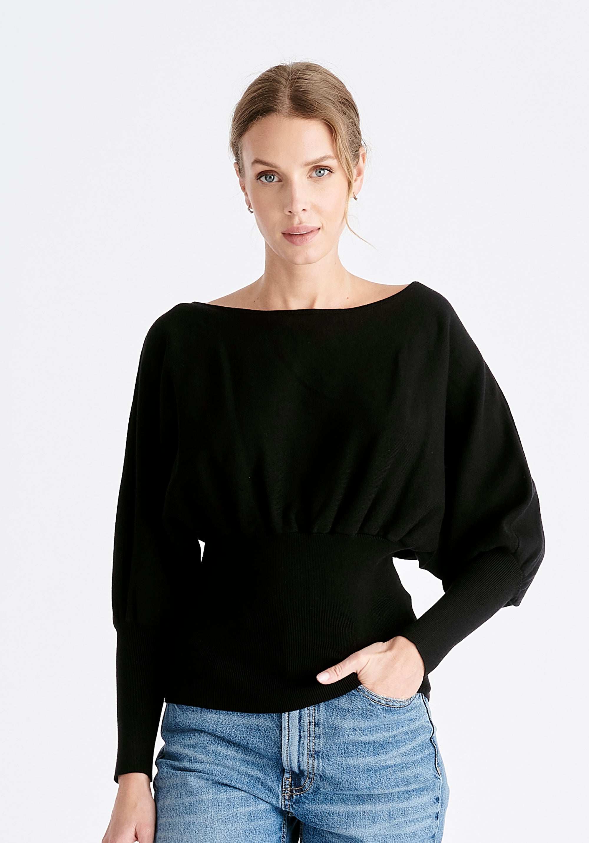 Paisie Balloon Sleeve Knitted Top in Black