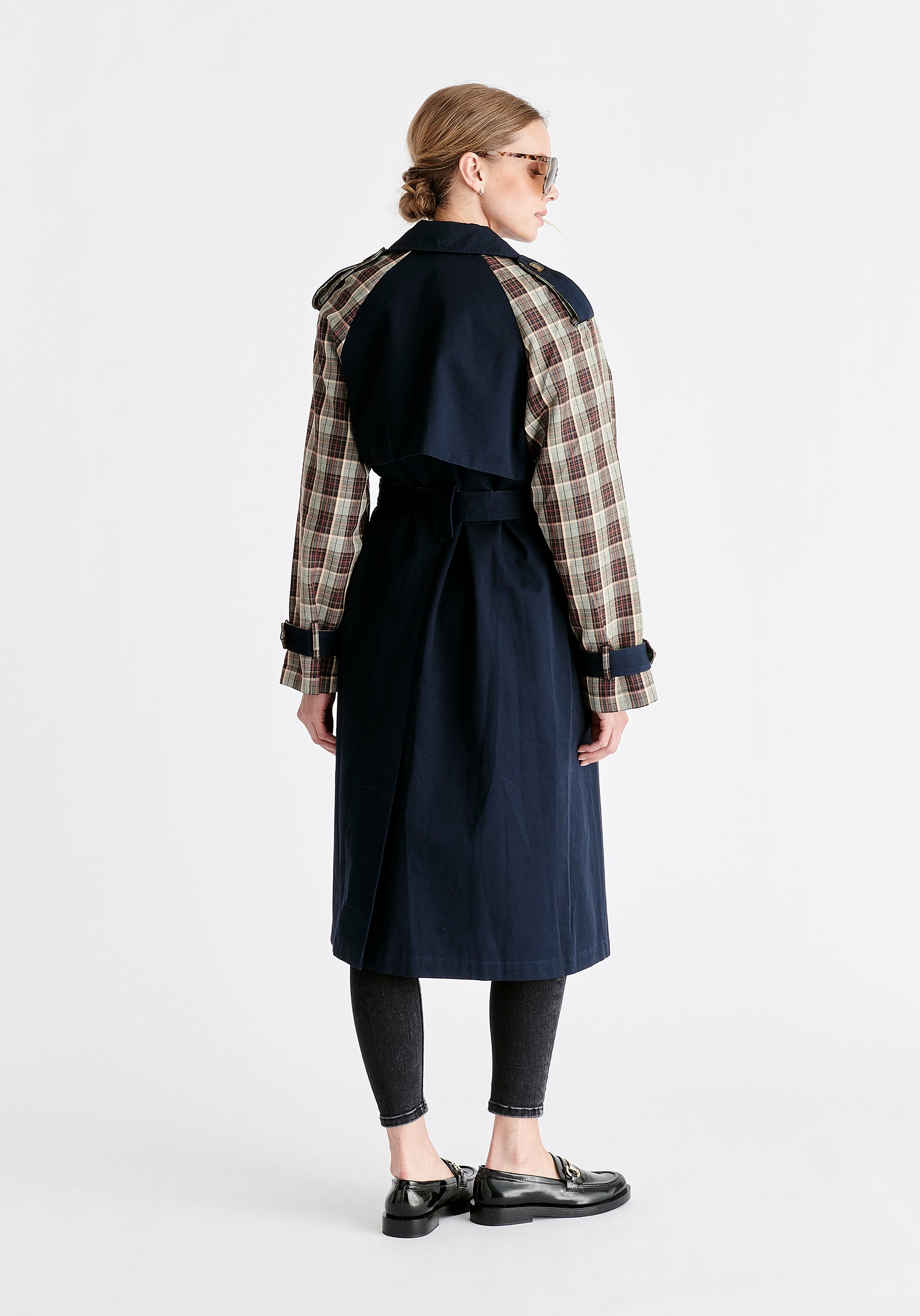 Paisie Plaid Trench Coat in Navy Back