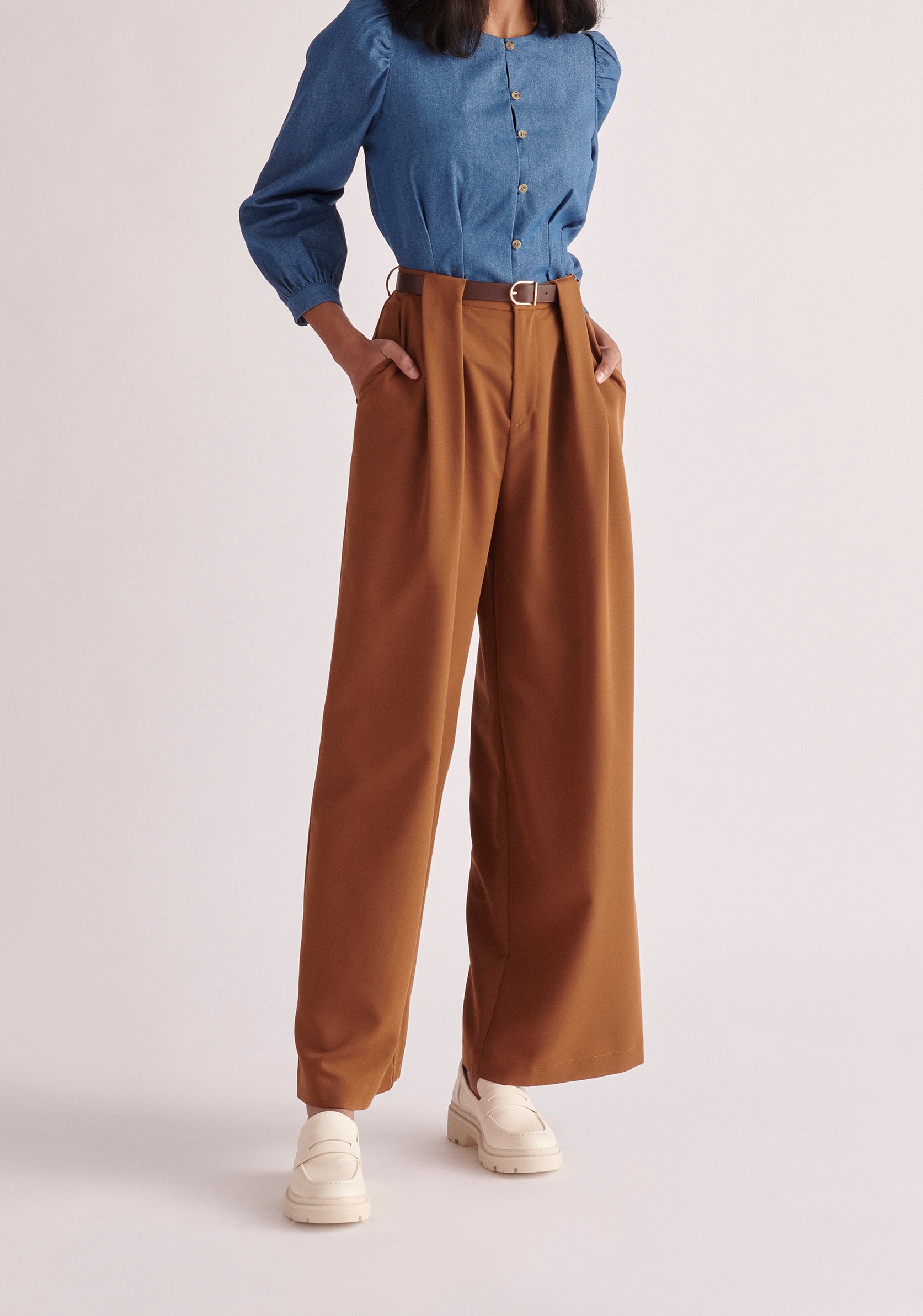 Paisie Long Sleeve Belted Denim Blouse in Light Blue
