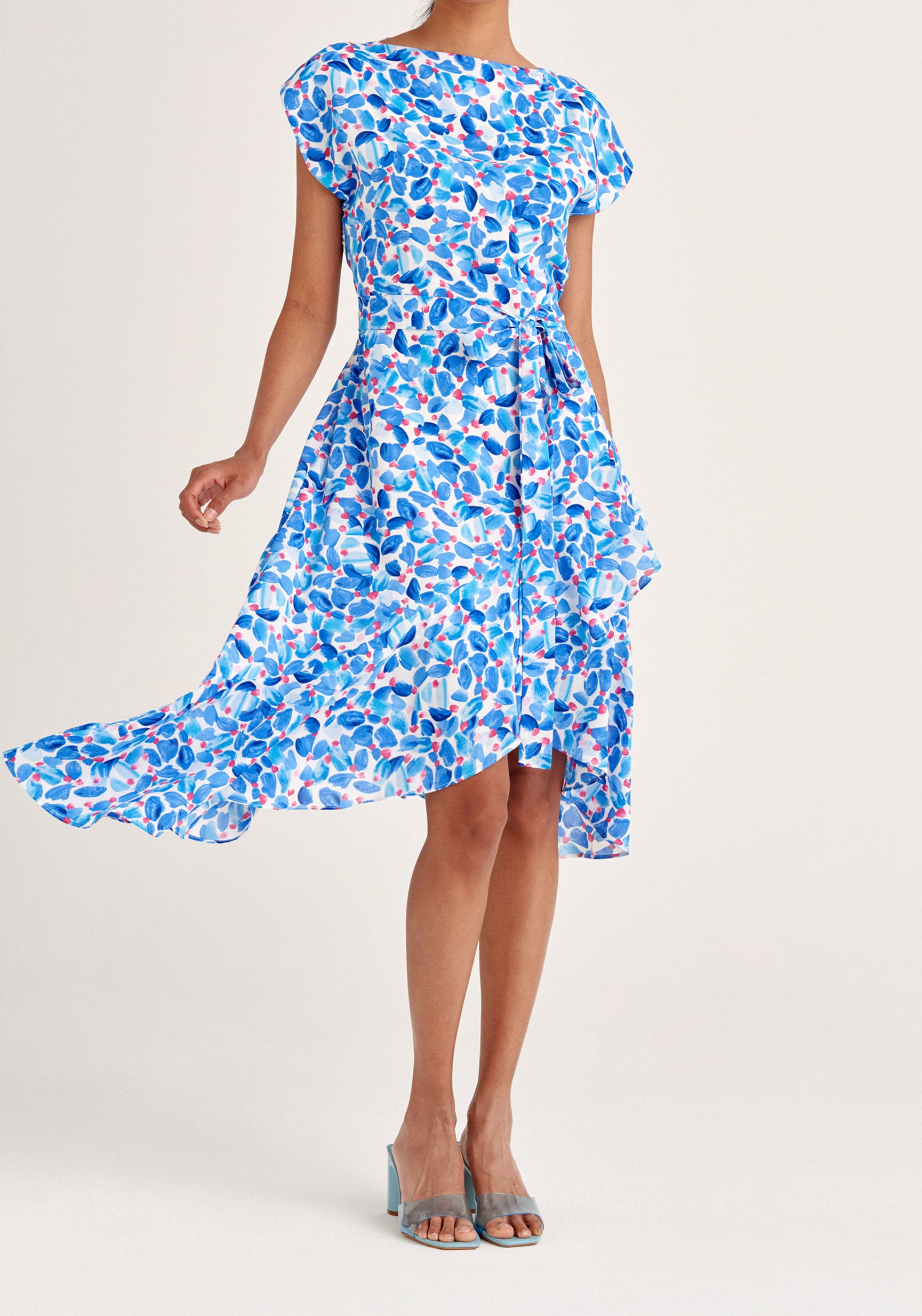 Paisie Belted Floral Boat Neck Dress in Blue