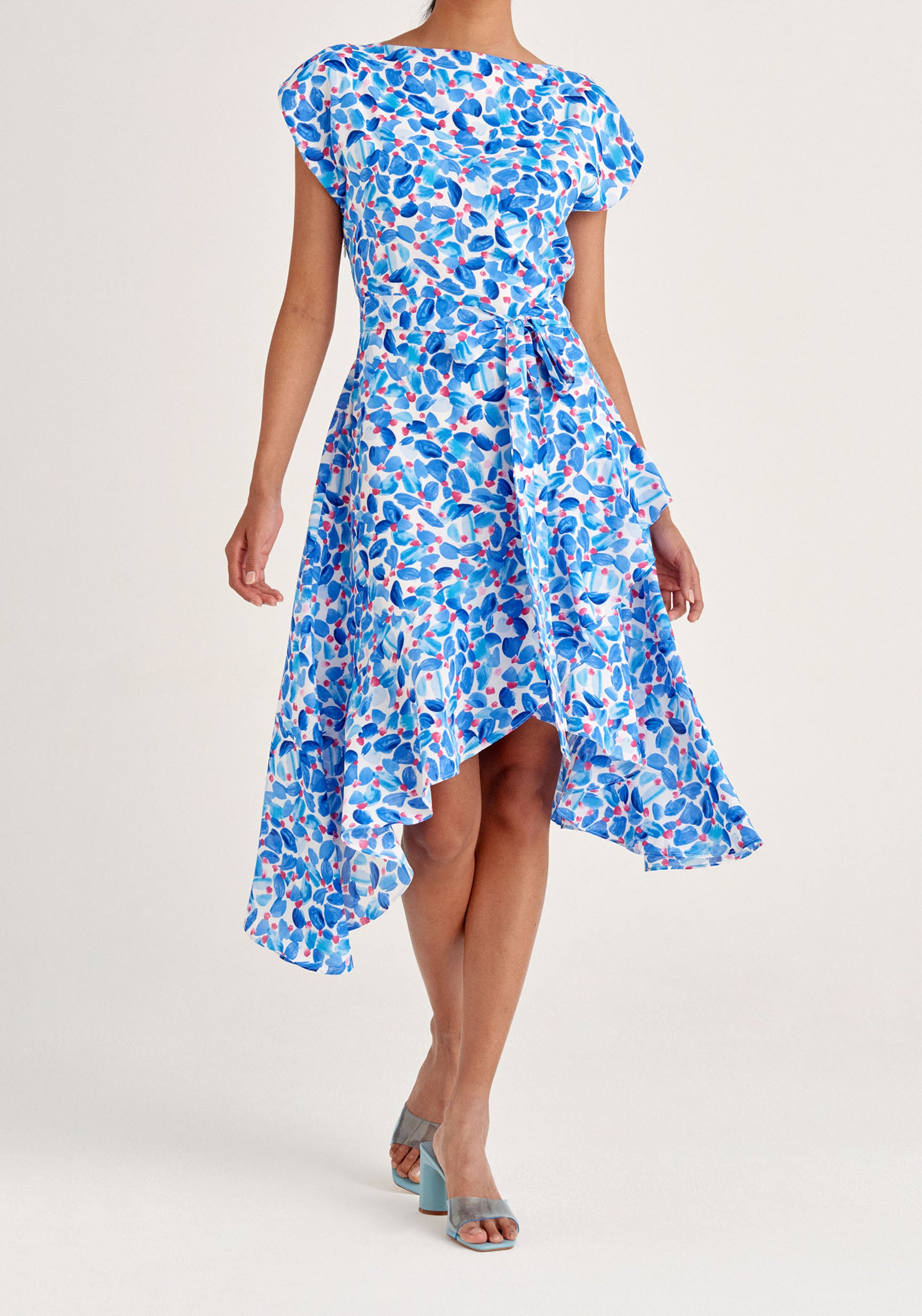 Paisie Belted Floral Boat Neck Dress in Blue