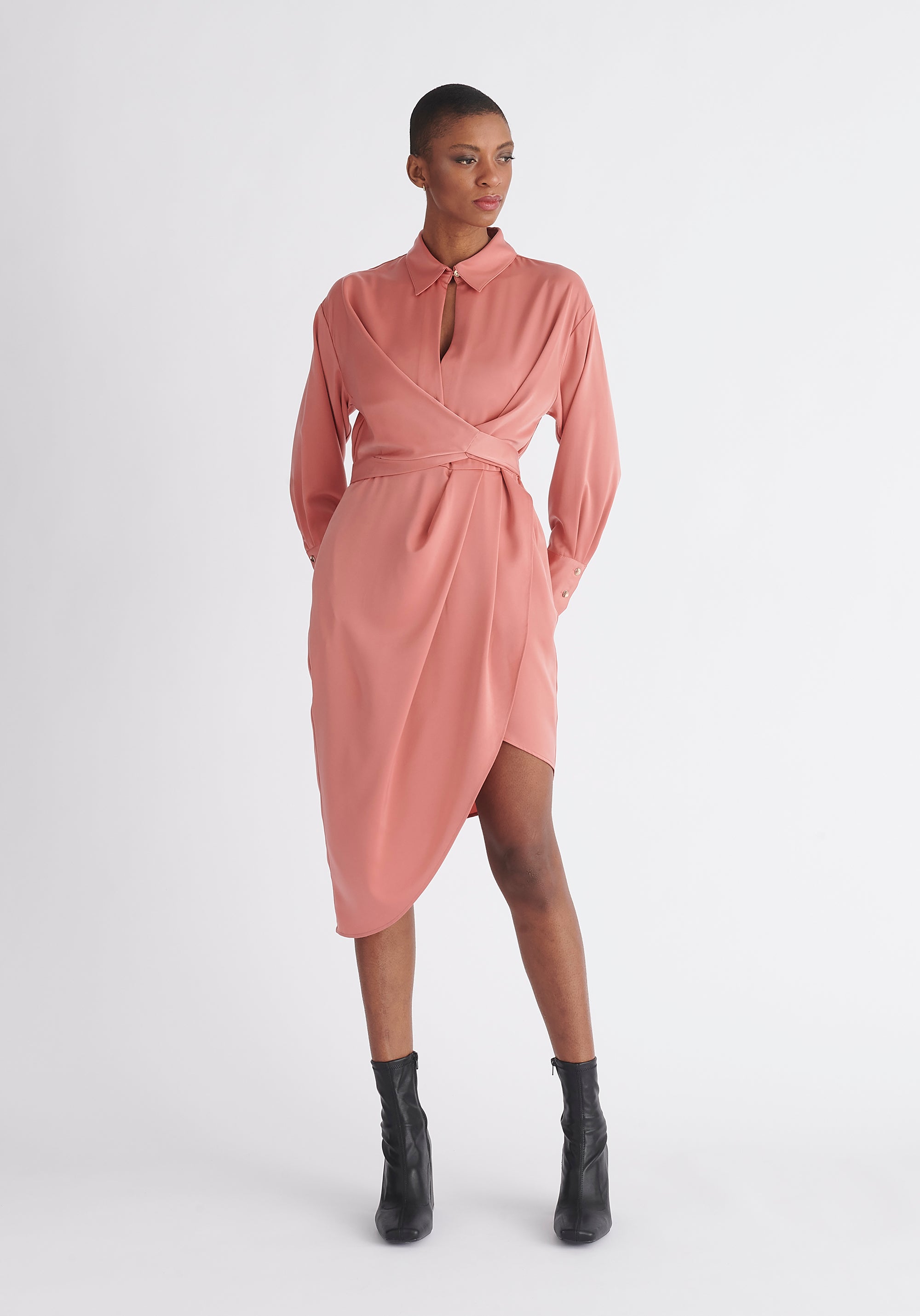 Paisie Asymmetric Hem Shirt Dress in Coral Pink