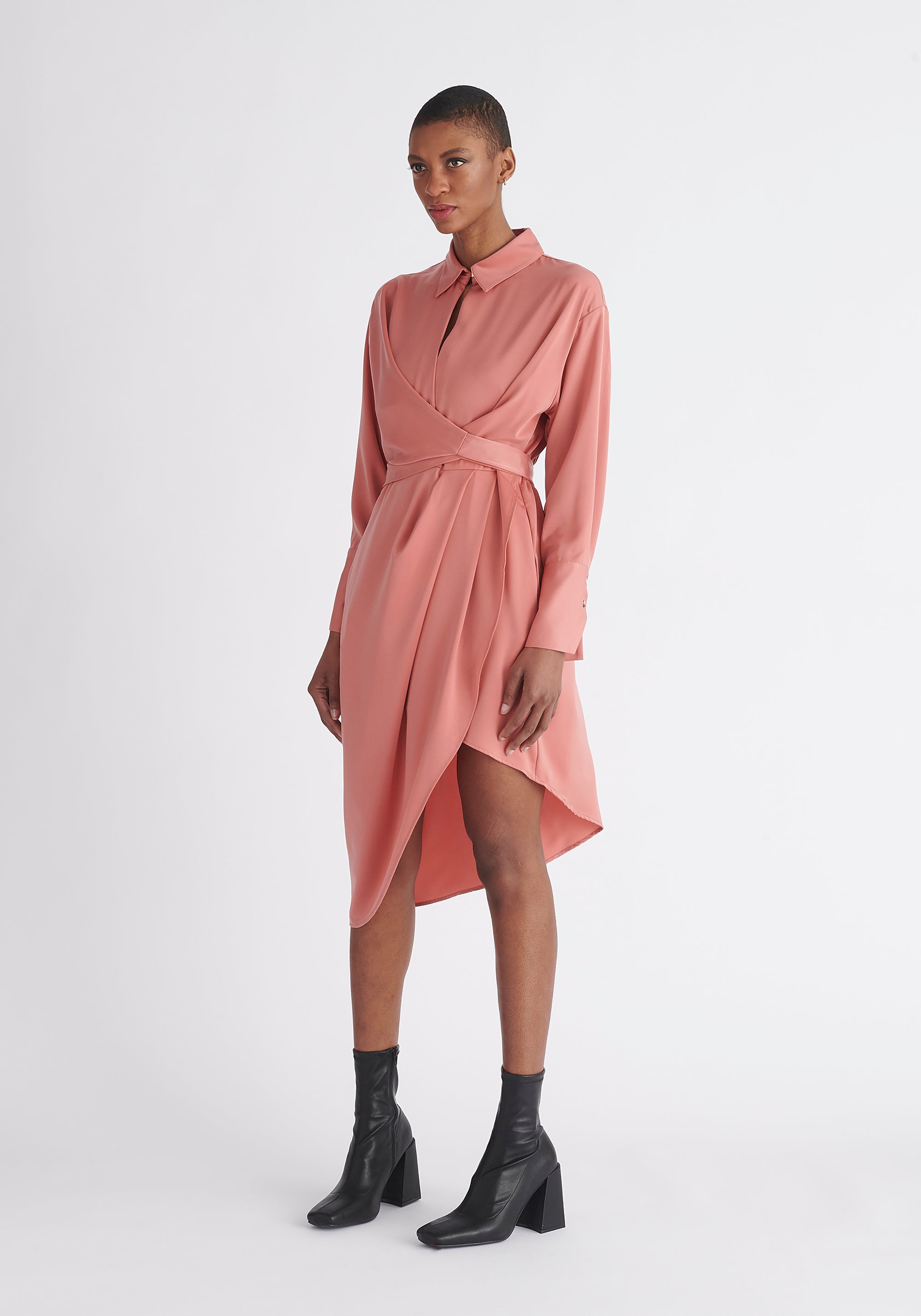 Paisie Asymmetric Hem Shirt Dress in Coral Pink