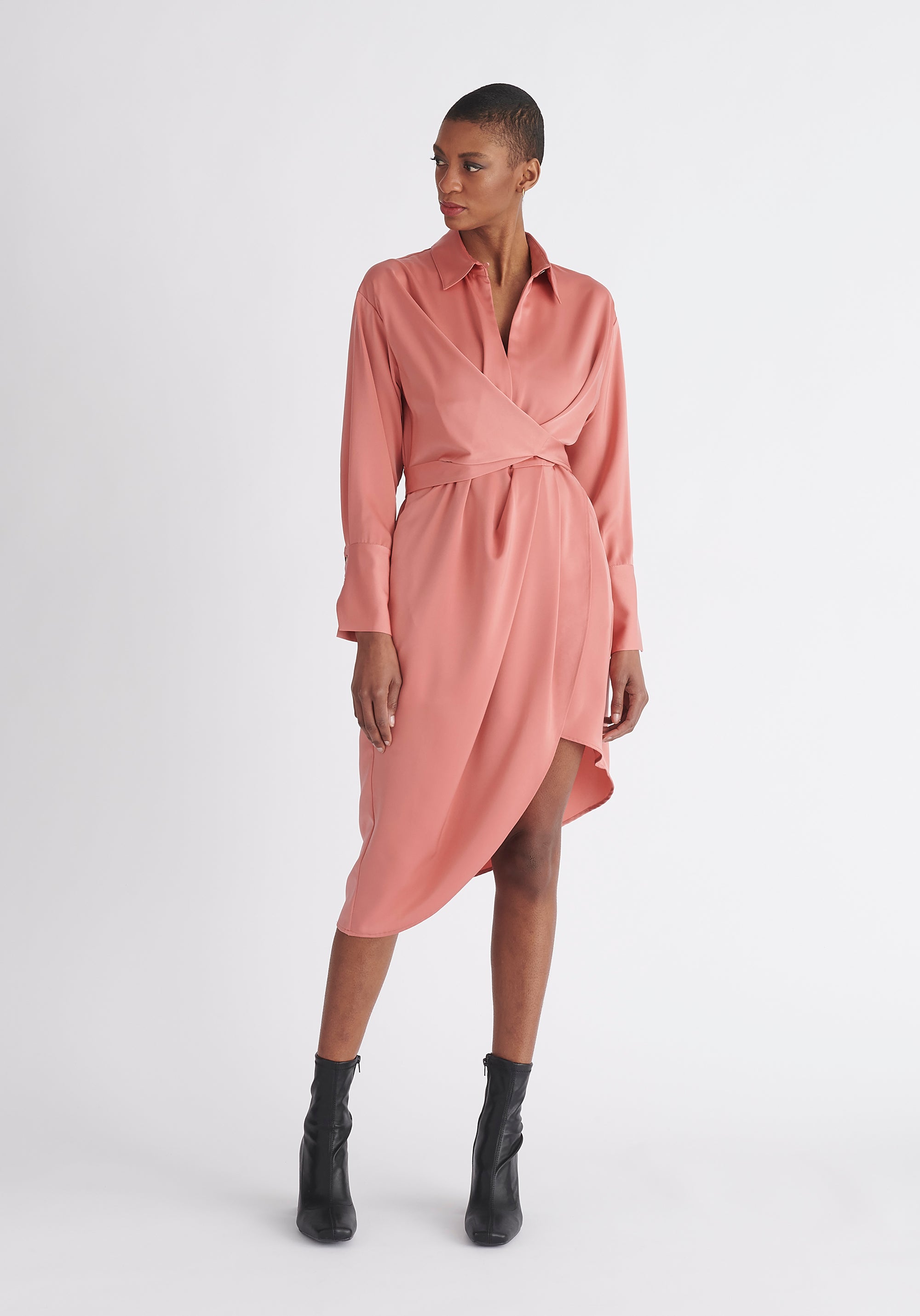 Paisie Asymmetric Hem Shirt Dress in Coral Pink