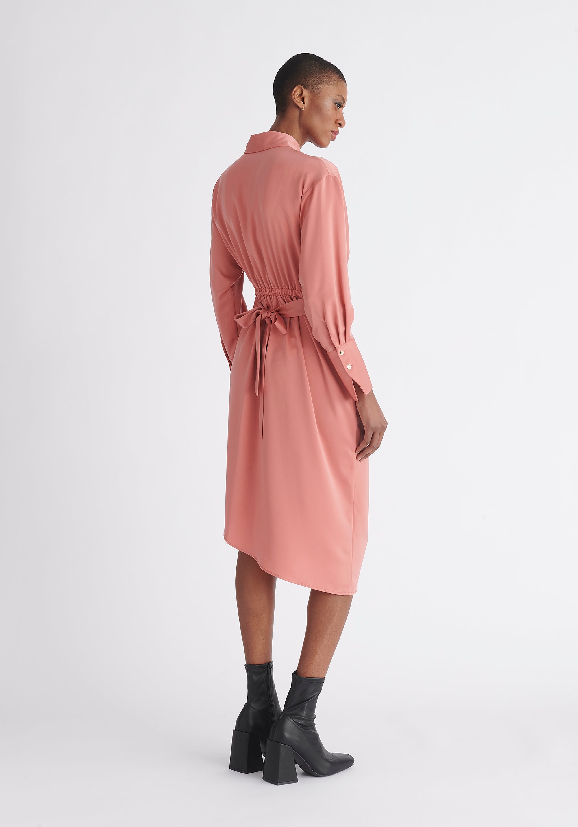 Paisie Asymmetric Hem Shirt Dress in Coral Pink Back