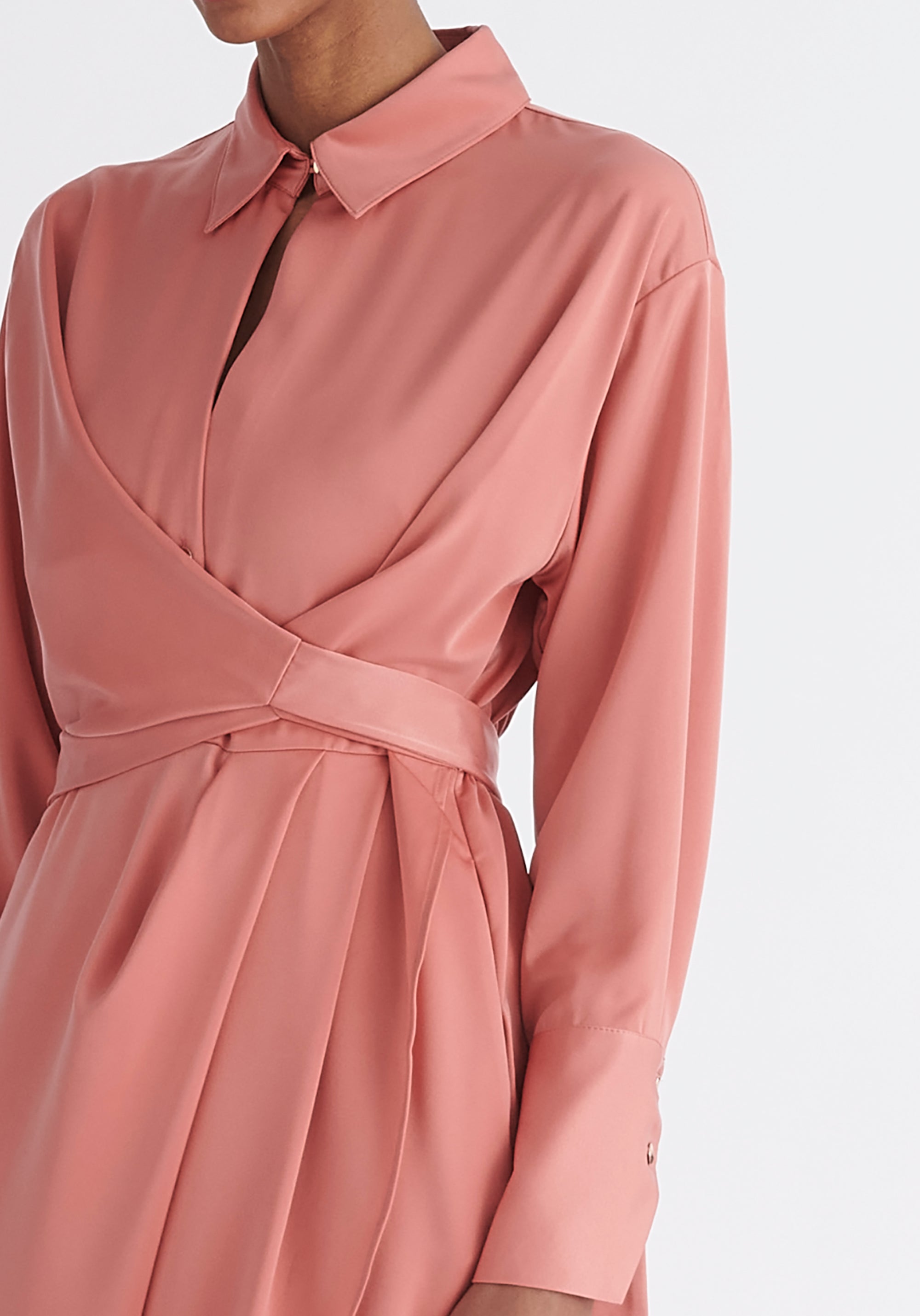 Paisie Asymmetric Hem Shirt Dress in Coral Pink Close Up