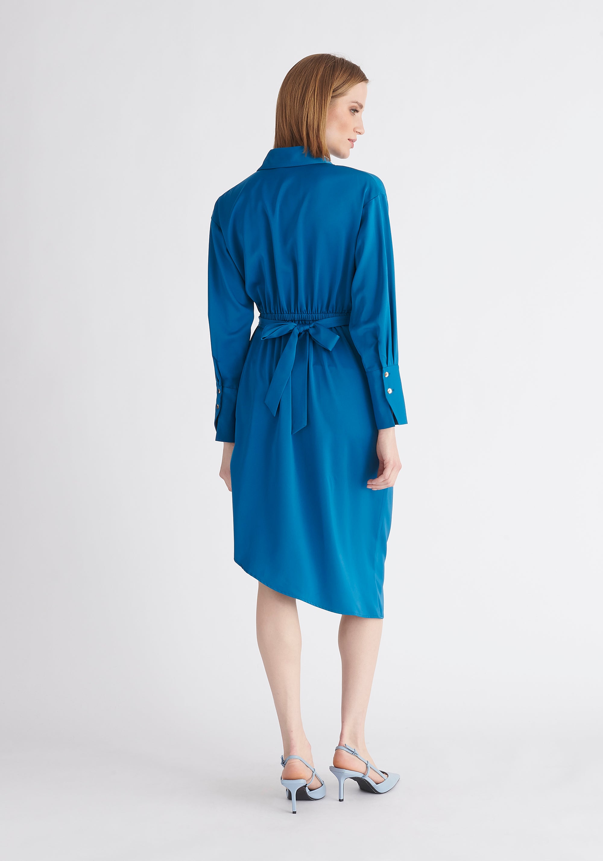 Paisie Asymmetric Hem Shirt Dress in Blue Close Up
