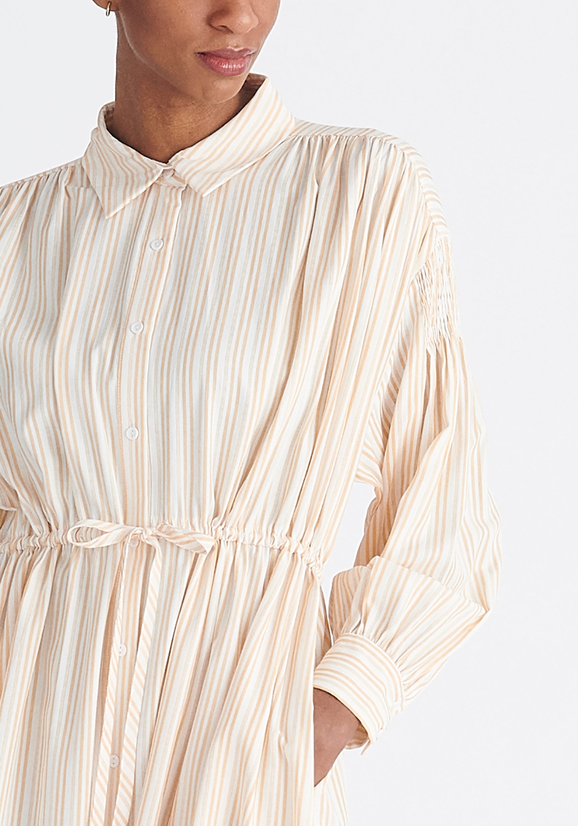 Paisie Striped Button Shirt Dress in Sand Close Up