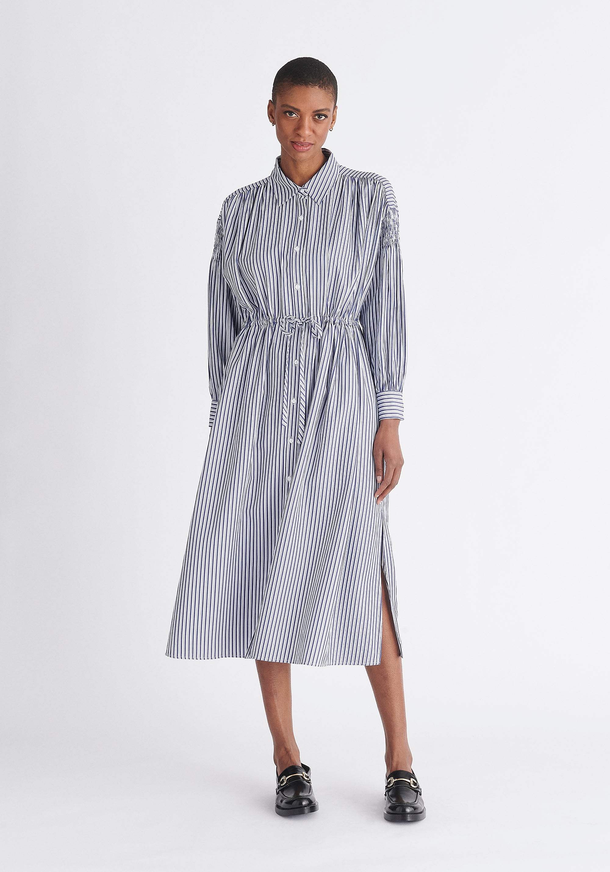 Paisie Striped Button Shirt Dress in Navy