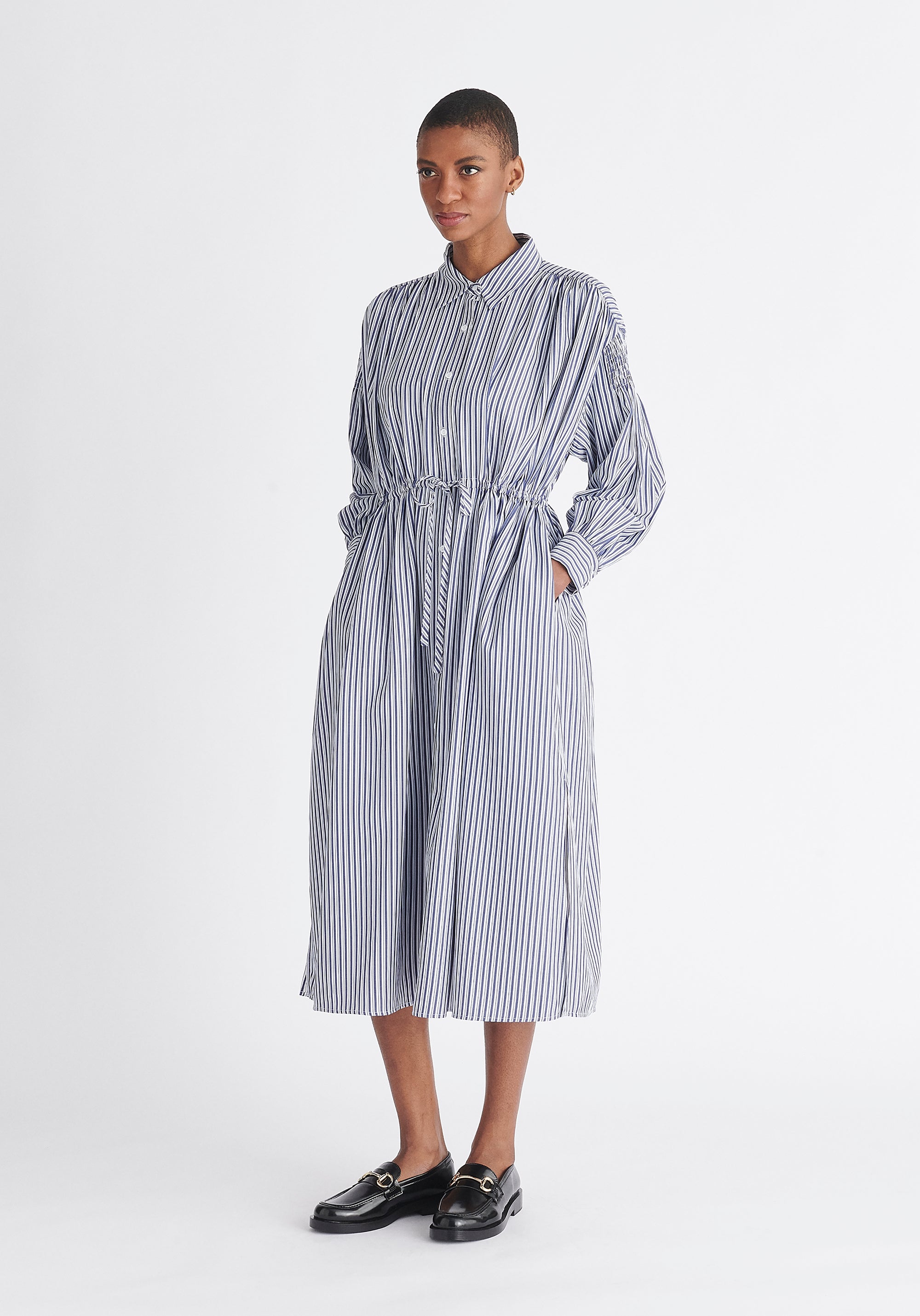 Paisie Striped Button Shirt Dress in Navy