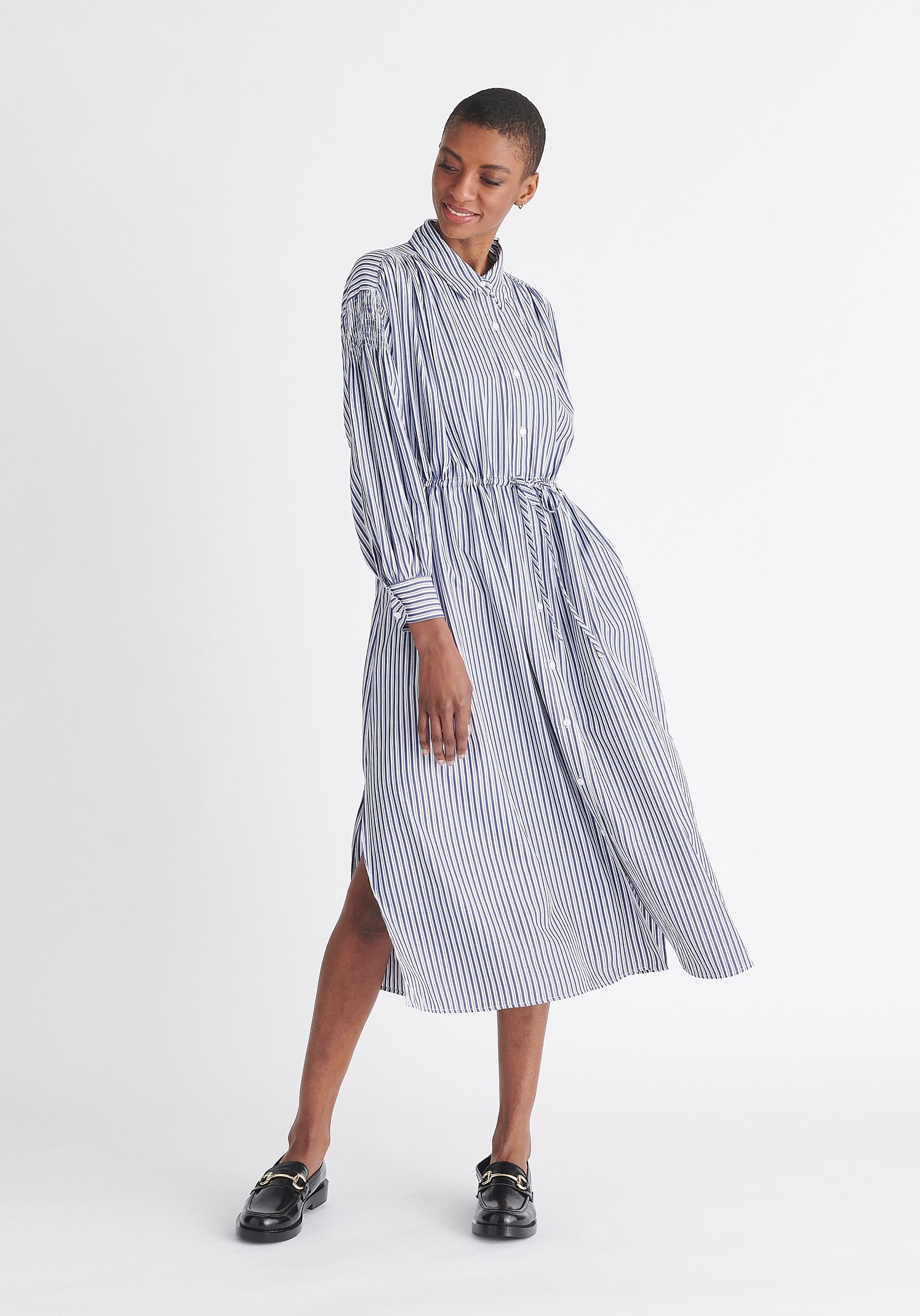Paisie Striped Button Shirt Dress in Navy