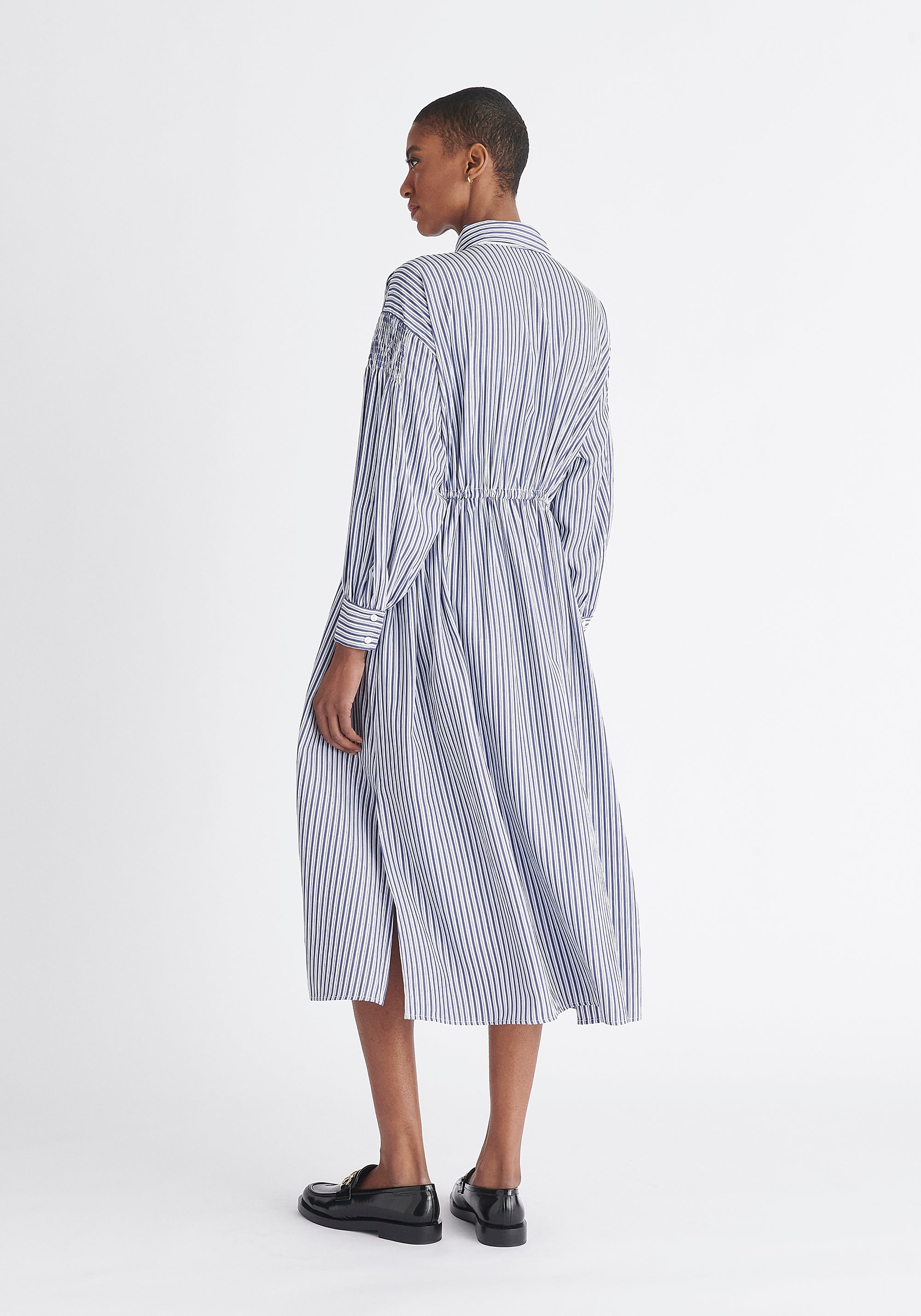 Paisie Striped Button Shirt Dress in Navy Back