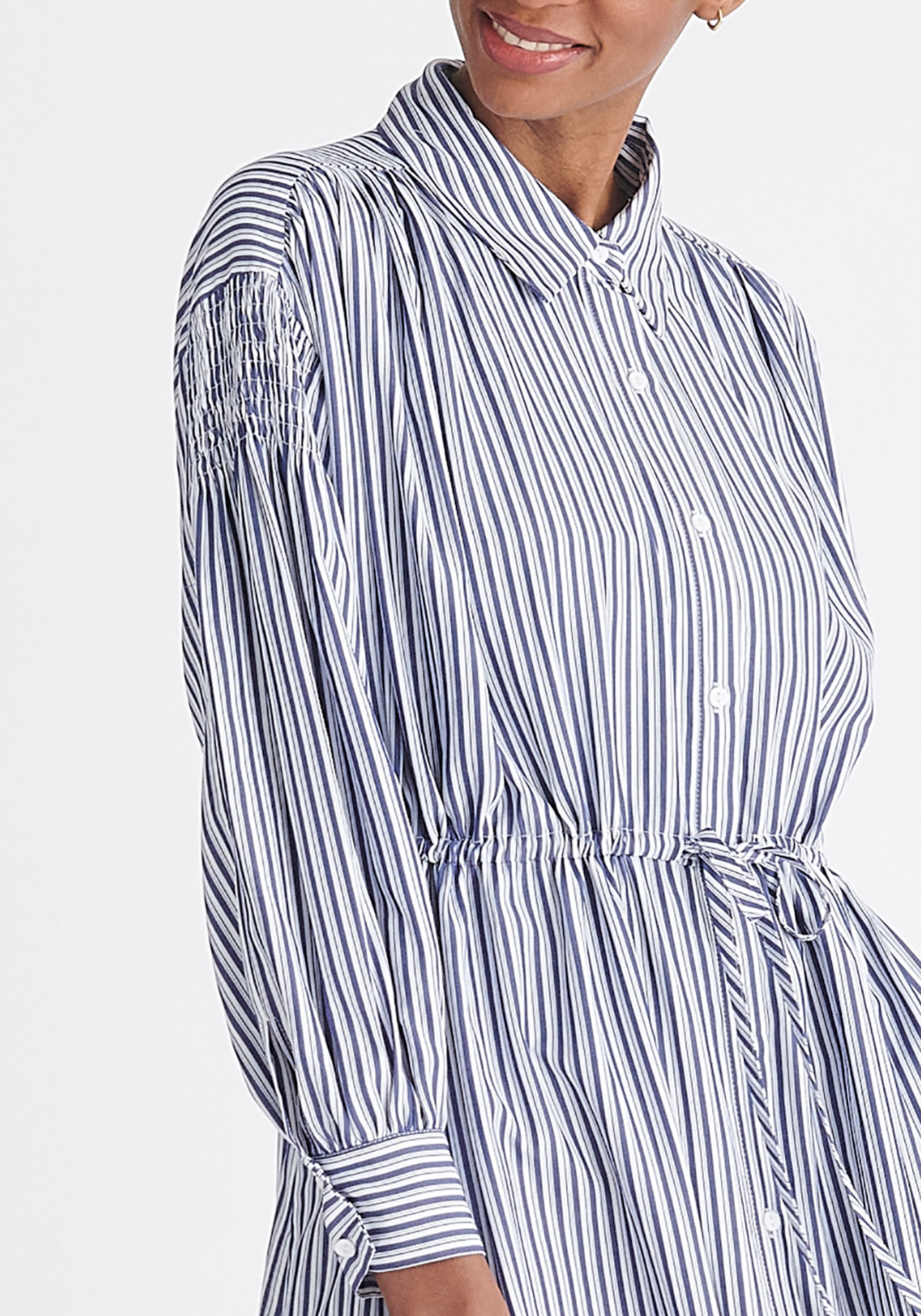 Paisie Striped Button Shirt Dress in Navy Close Up