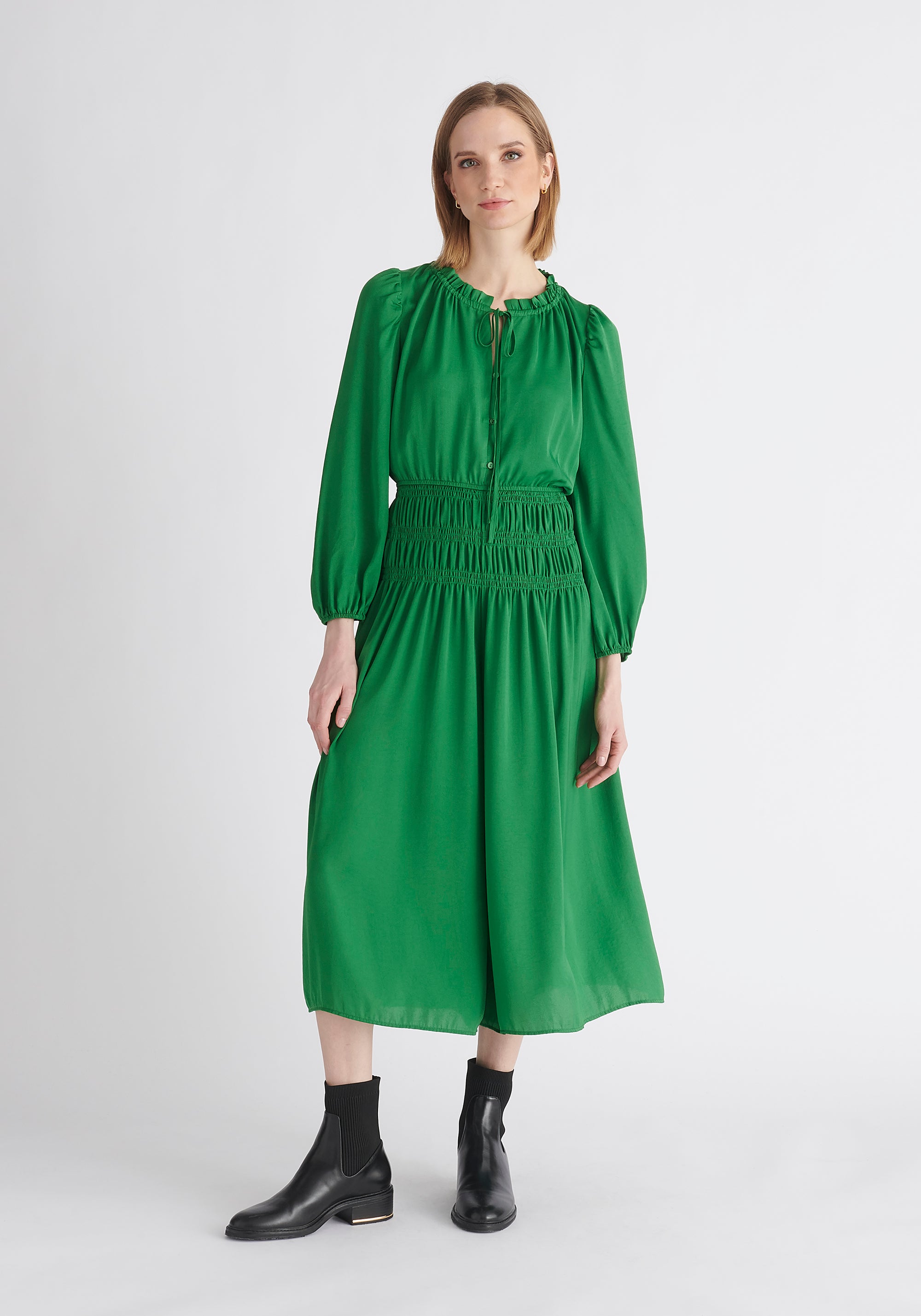 Paisie Ruched Waist Jumpsuit in Green
