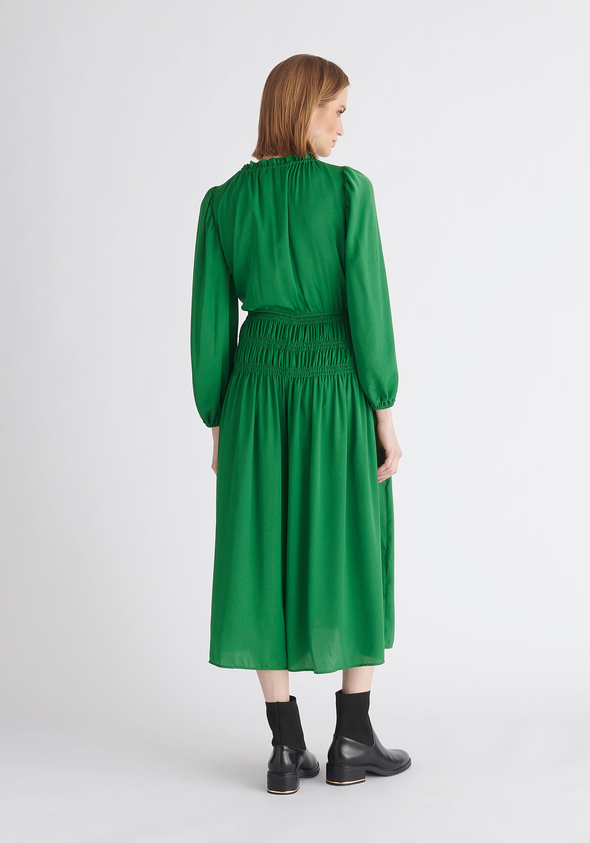 Paisie Ruched Waist Jumpsuit in Green Back 
