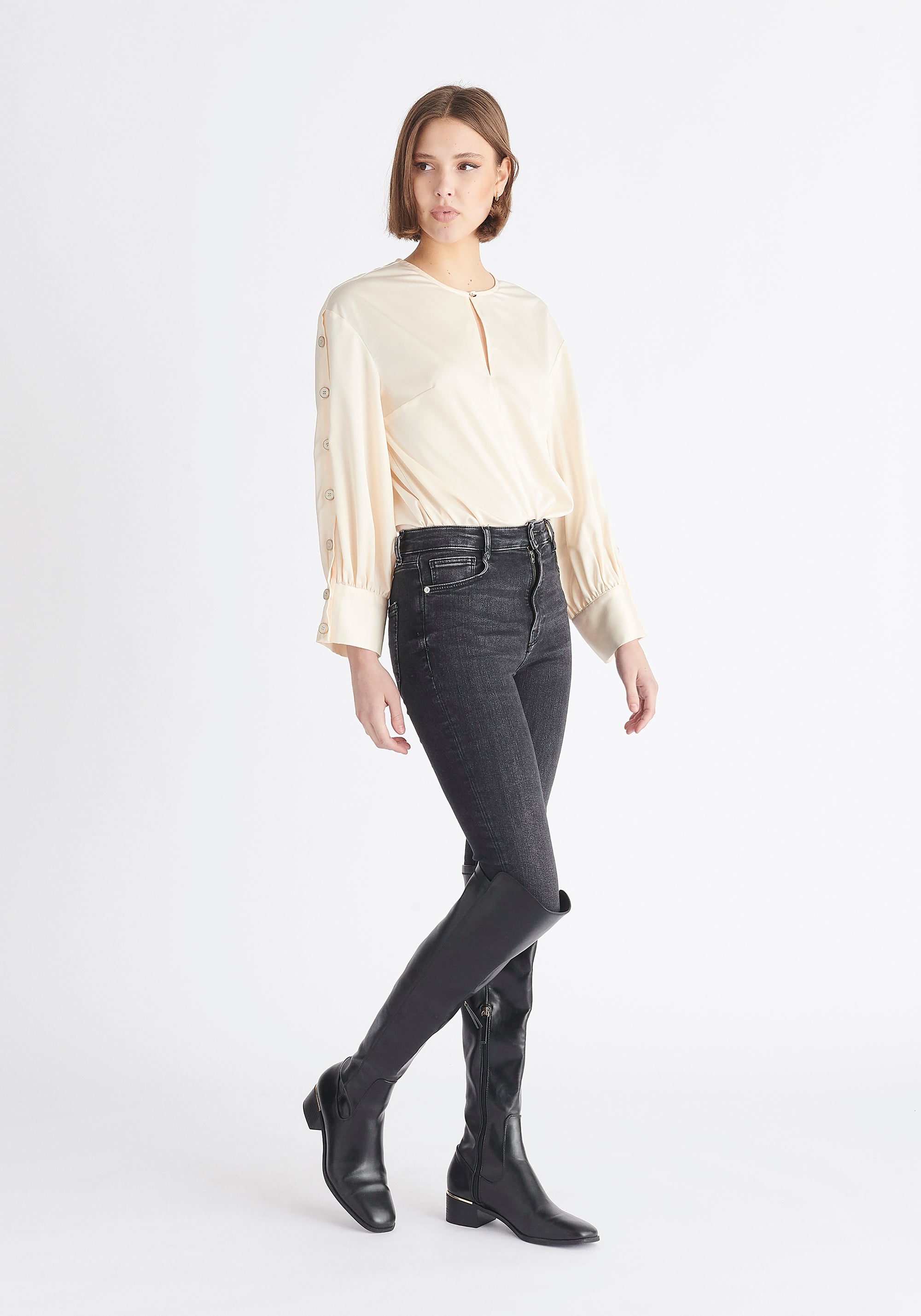 Paisie Button Sleeve Blouse in Cream