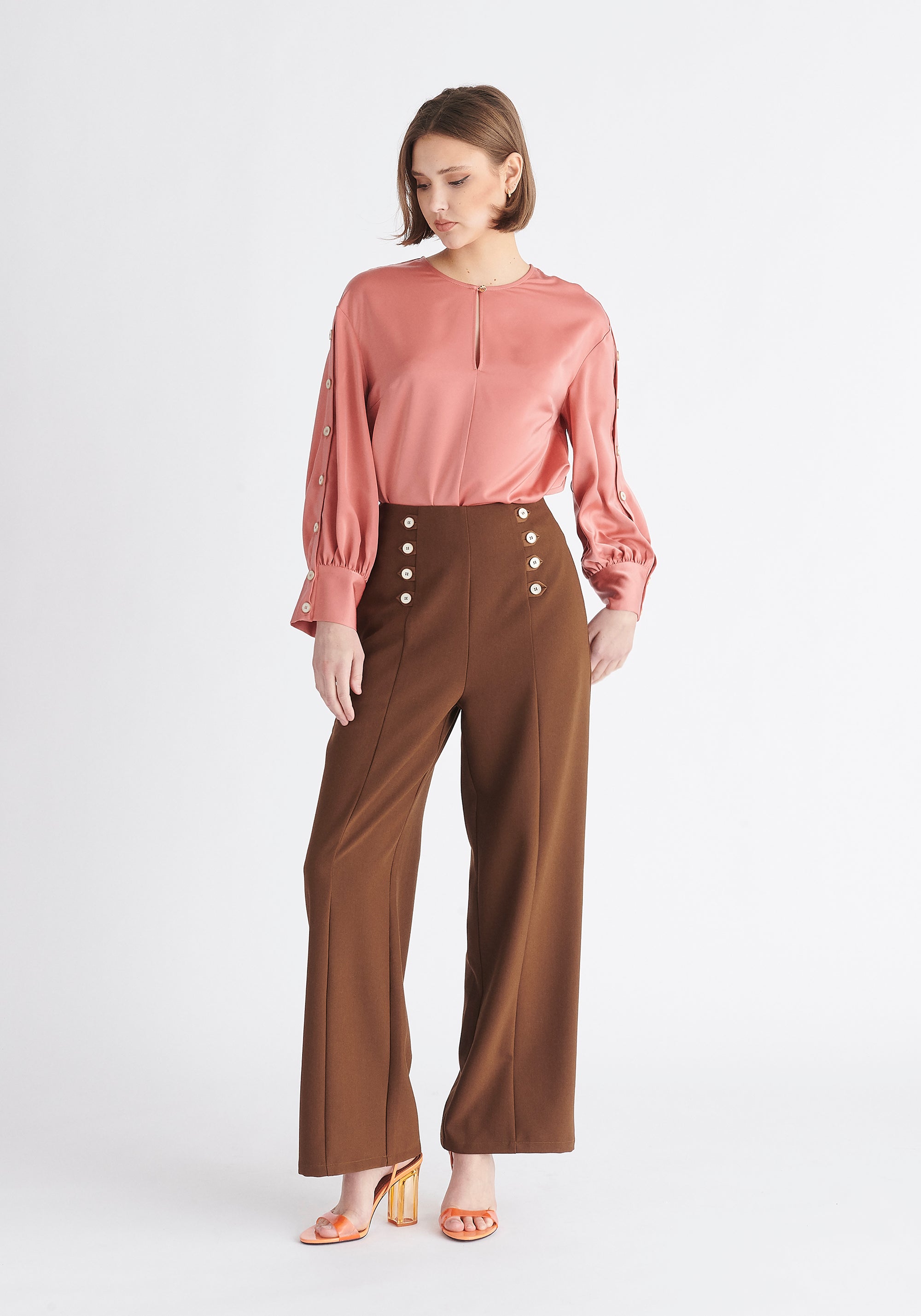 Paisie Button Sleeve Blouse in Coral Pink
