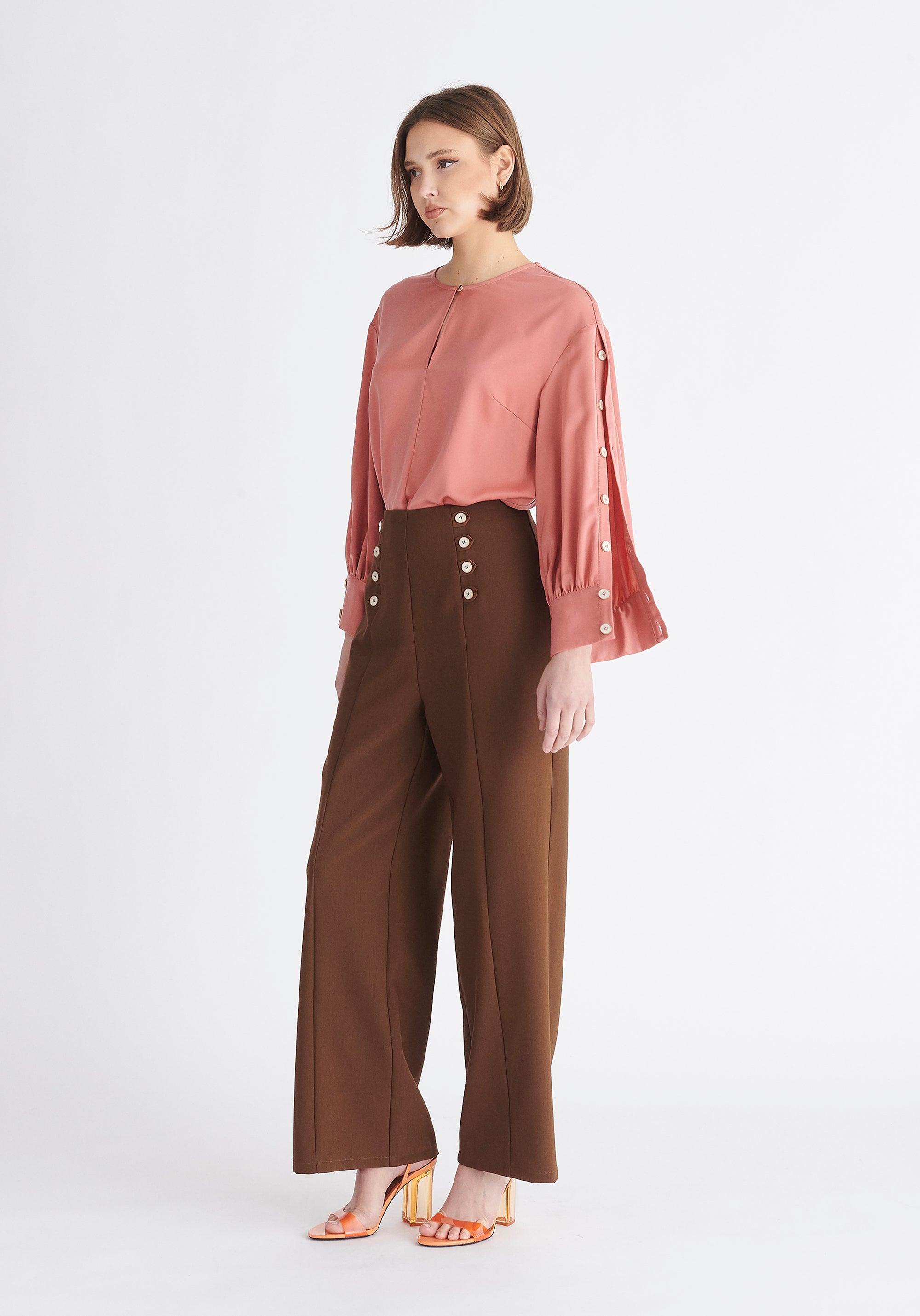 Paisie Button Sleeve Blouse in Coral Pink