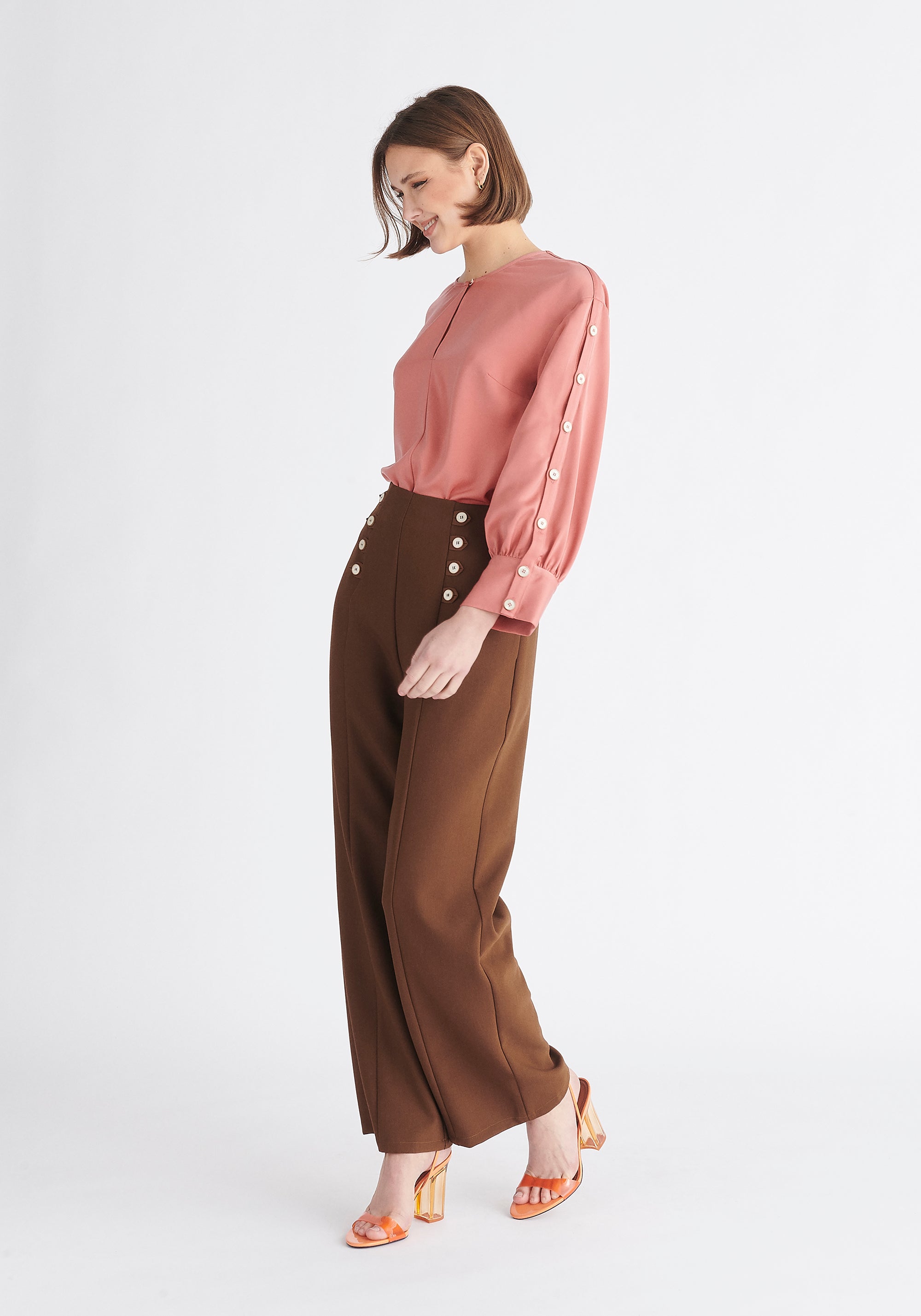 Paisie Button Sleeve Blouse in Coral Pink Side