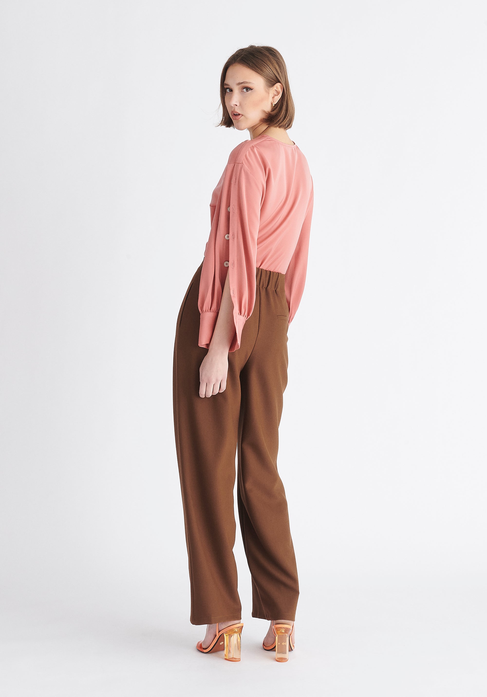 Paisie Button Sleeve Blouse in Coral Pink Back