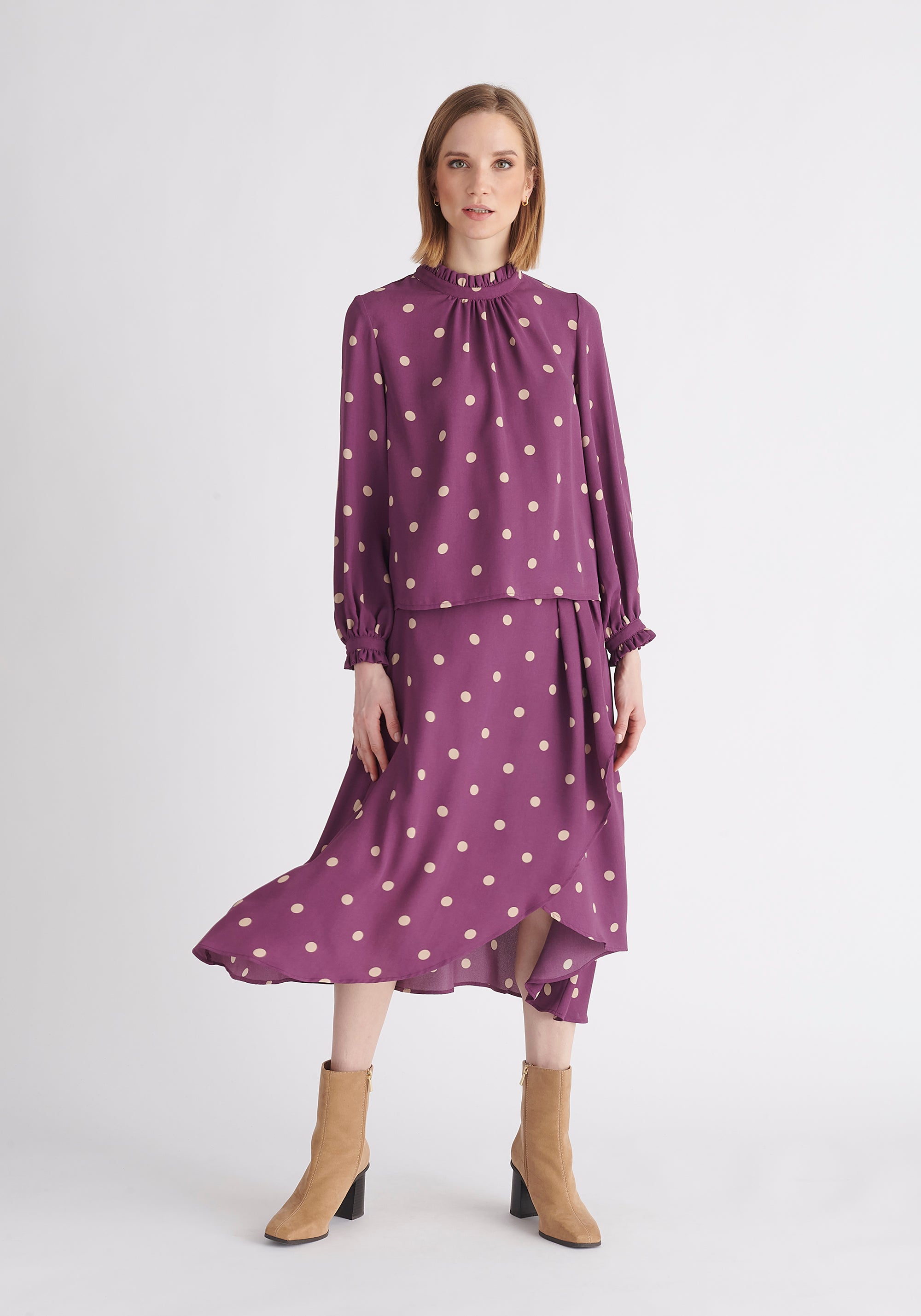 Paisie Pleated Collar Polka Dot Blouse in Purple and Cream