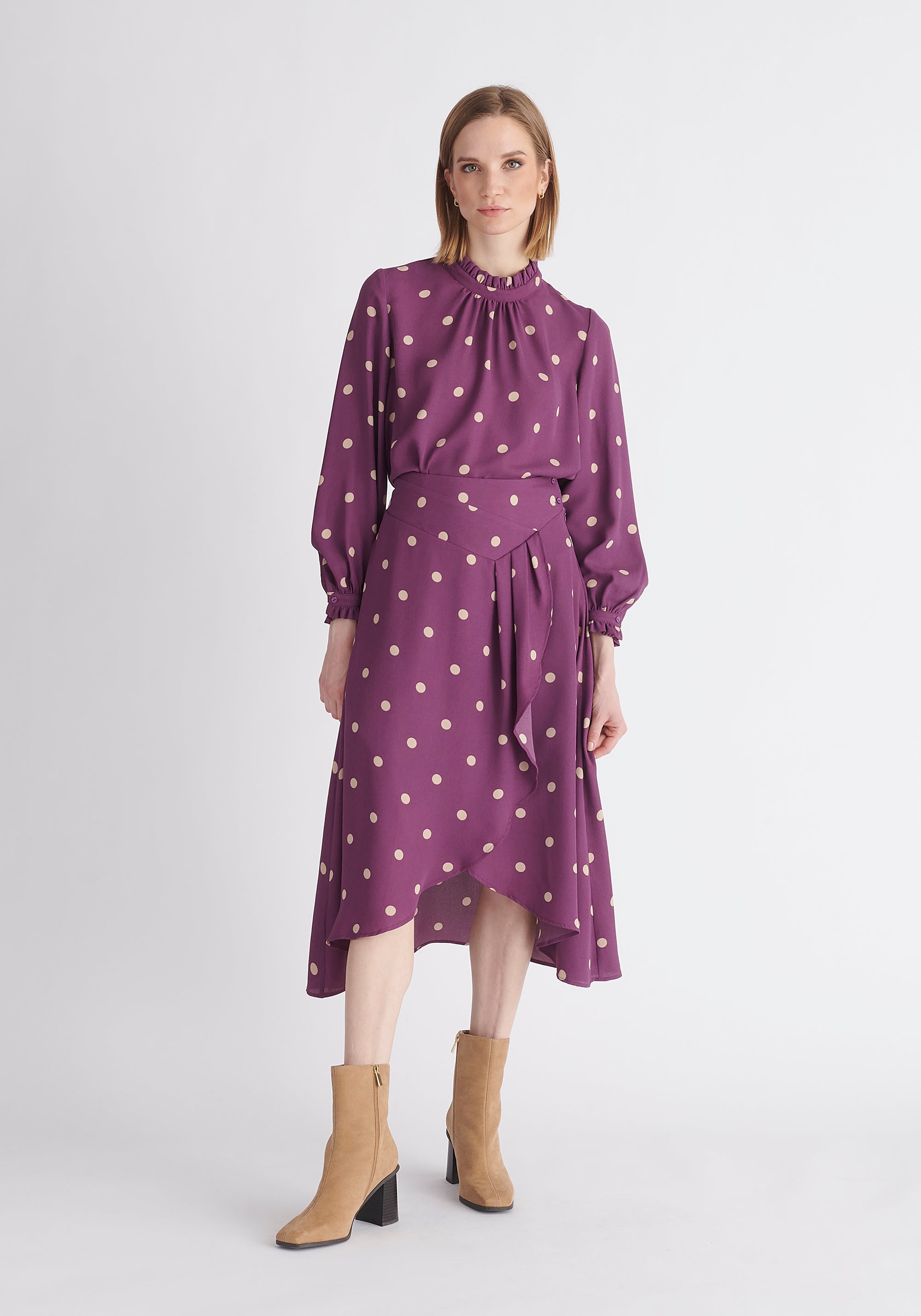 Paisie Pleated Collar Polka Dot Blouse in Purple and Cream