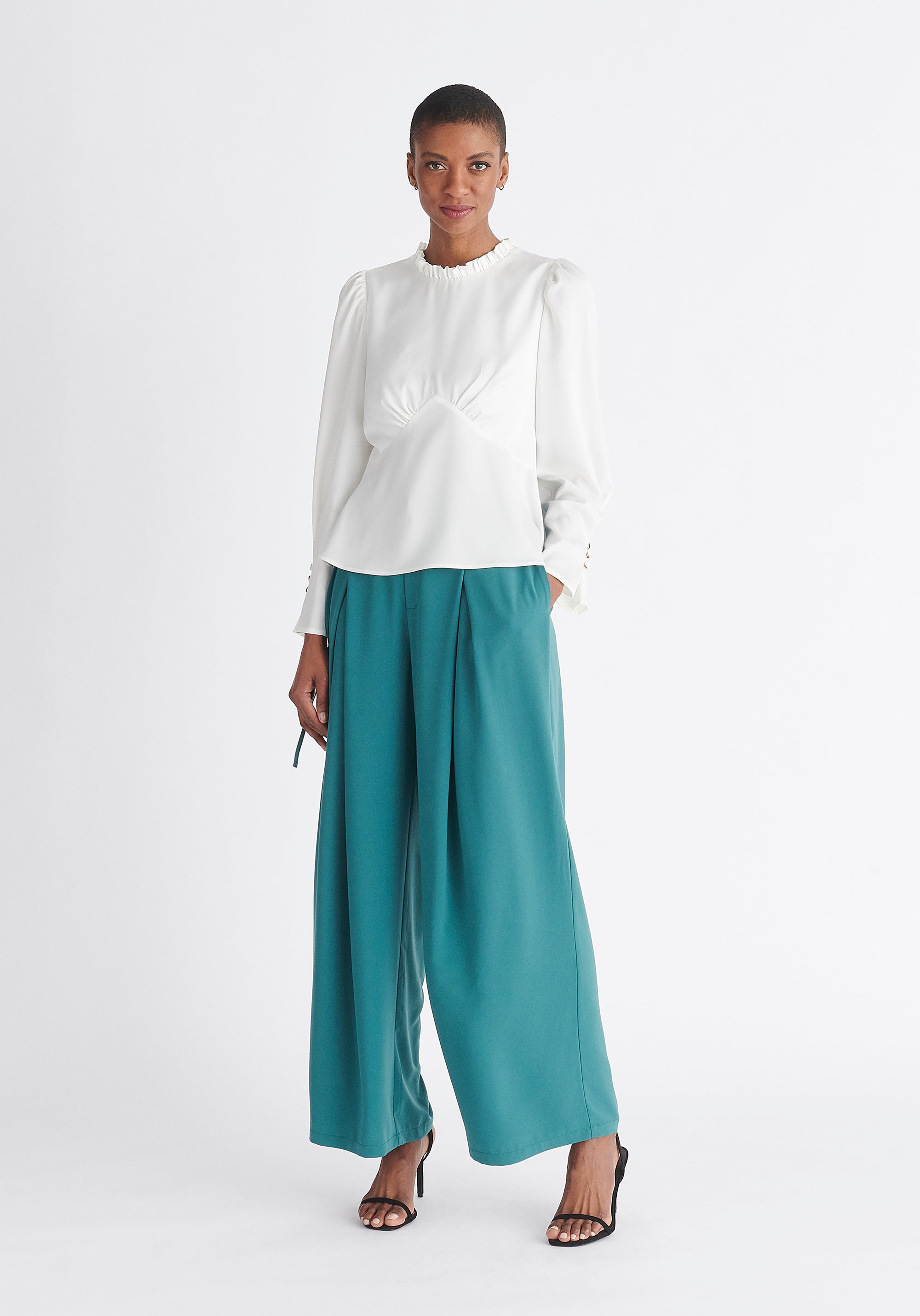 Paisie Pleated Collar Satin Blouse in White